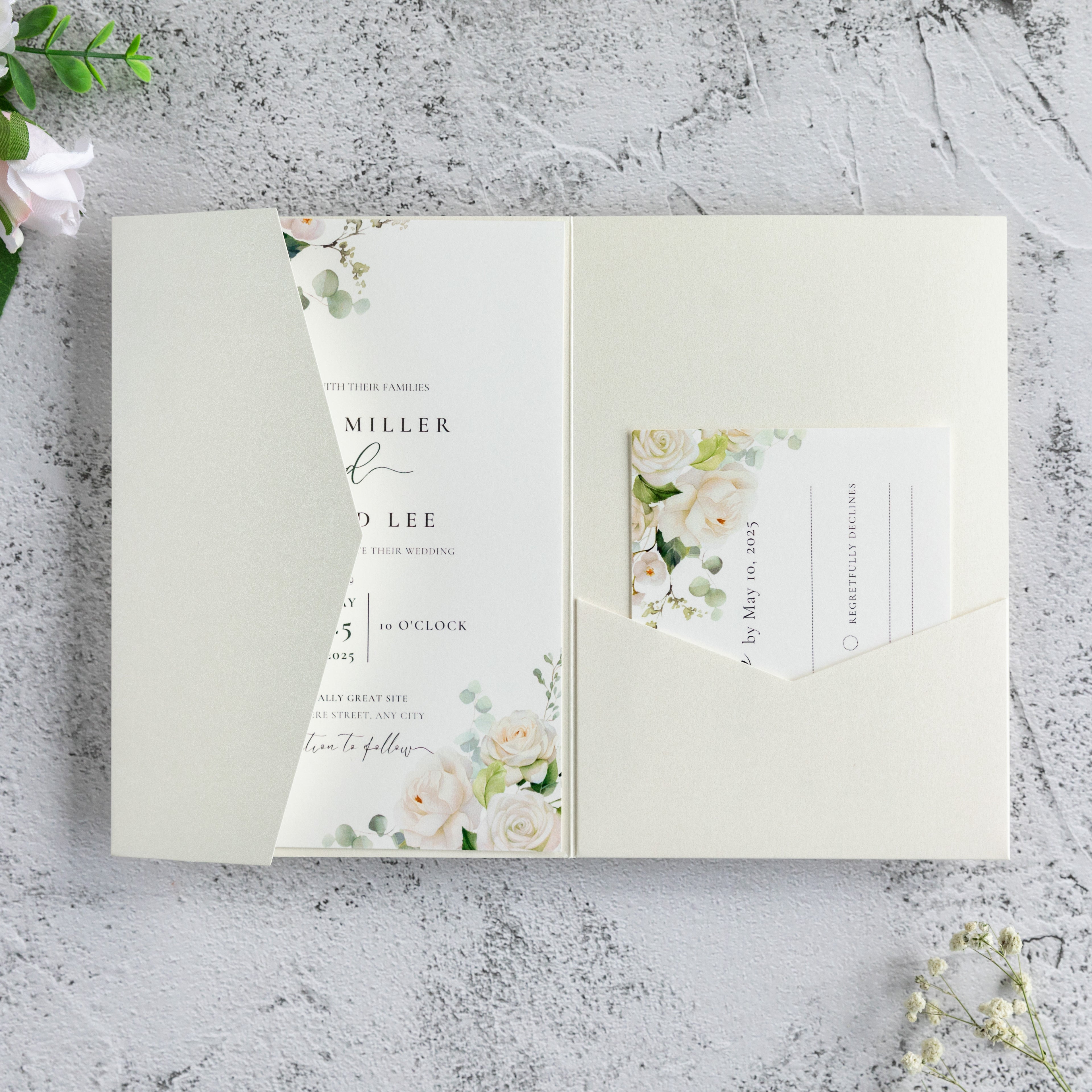 PONATIA 20 PCS Ivory Tri-fold Wedding Invitation Pockets for 5x7 Wedding Cards