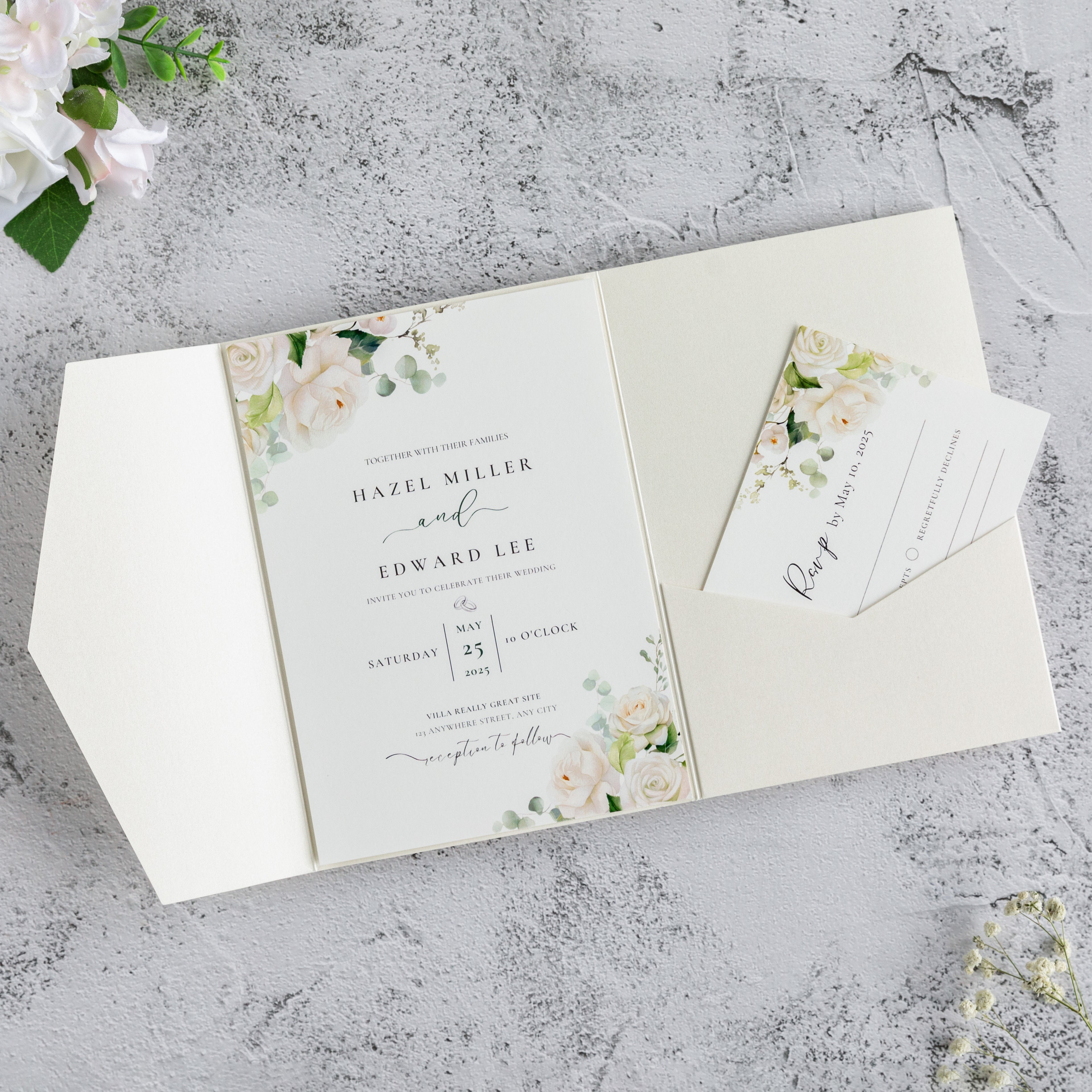 PONATIA 20 PCS Ivory Tri-fold Wedding Invitation Pockets for 5x7 Wedding Cards