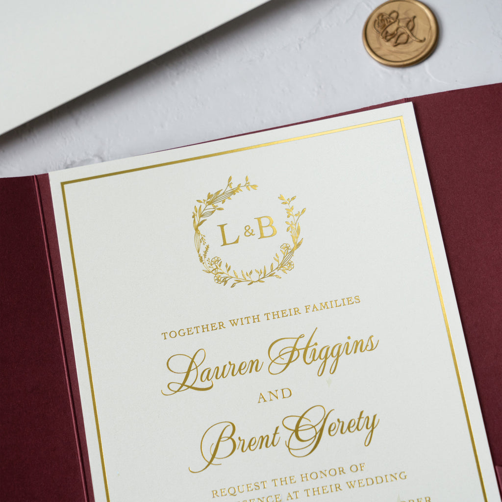 PONATIA Trifold Foil Print in Gold Burgundy Wedding Invitation Suite