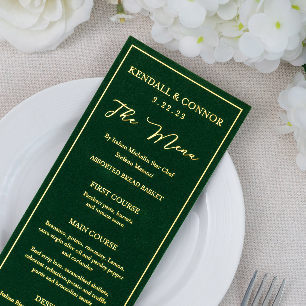 PONATIA Emerald Green Velvet Foil Print in Gold Wedding Menu