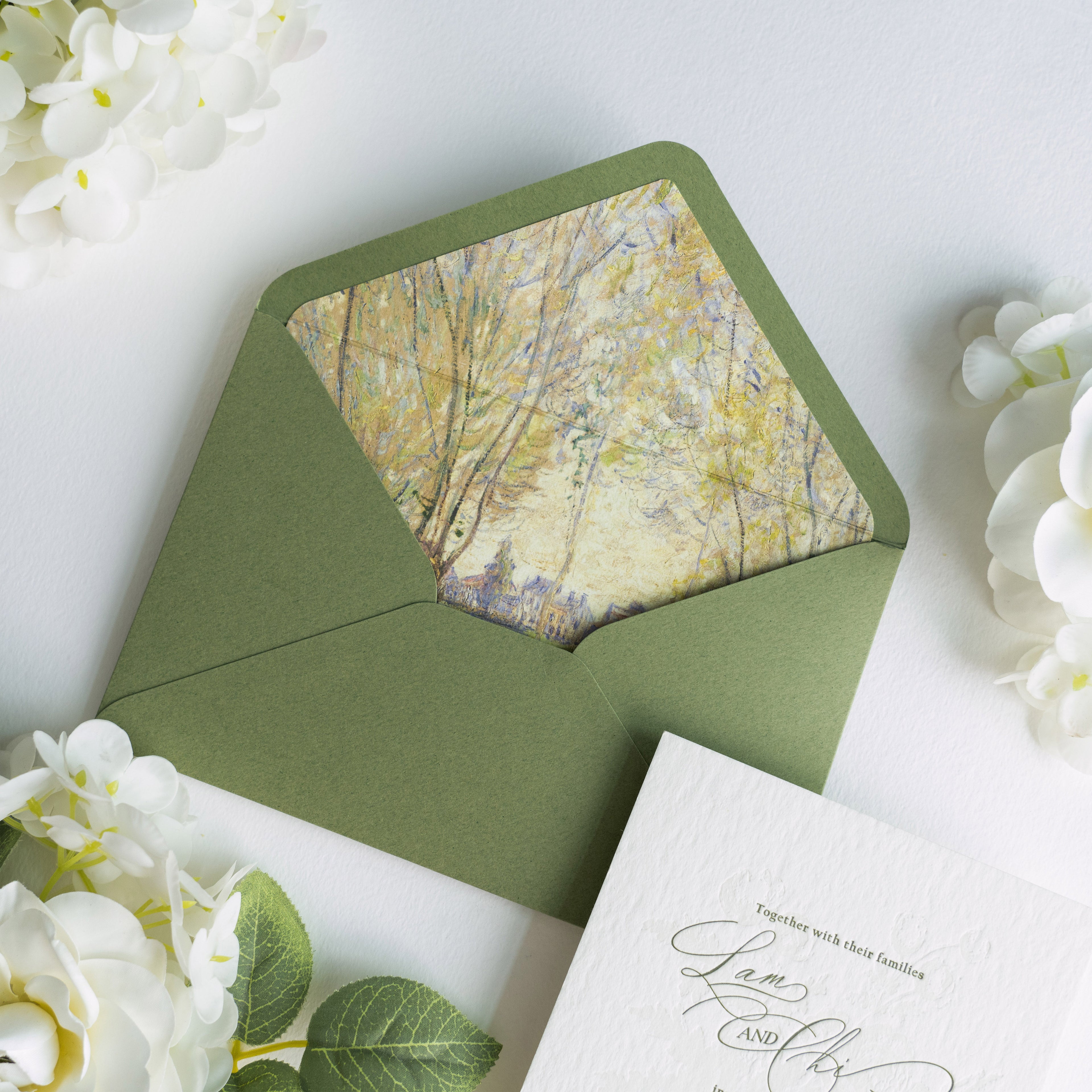 PONATIA  Olive Green Liner Envelopes with Letterpress Floral Wedding Invitation Card