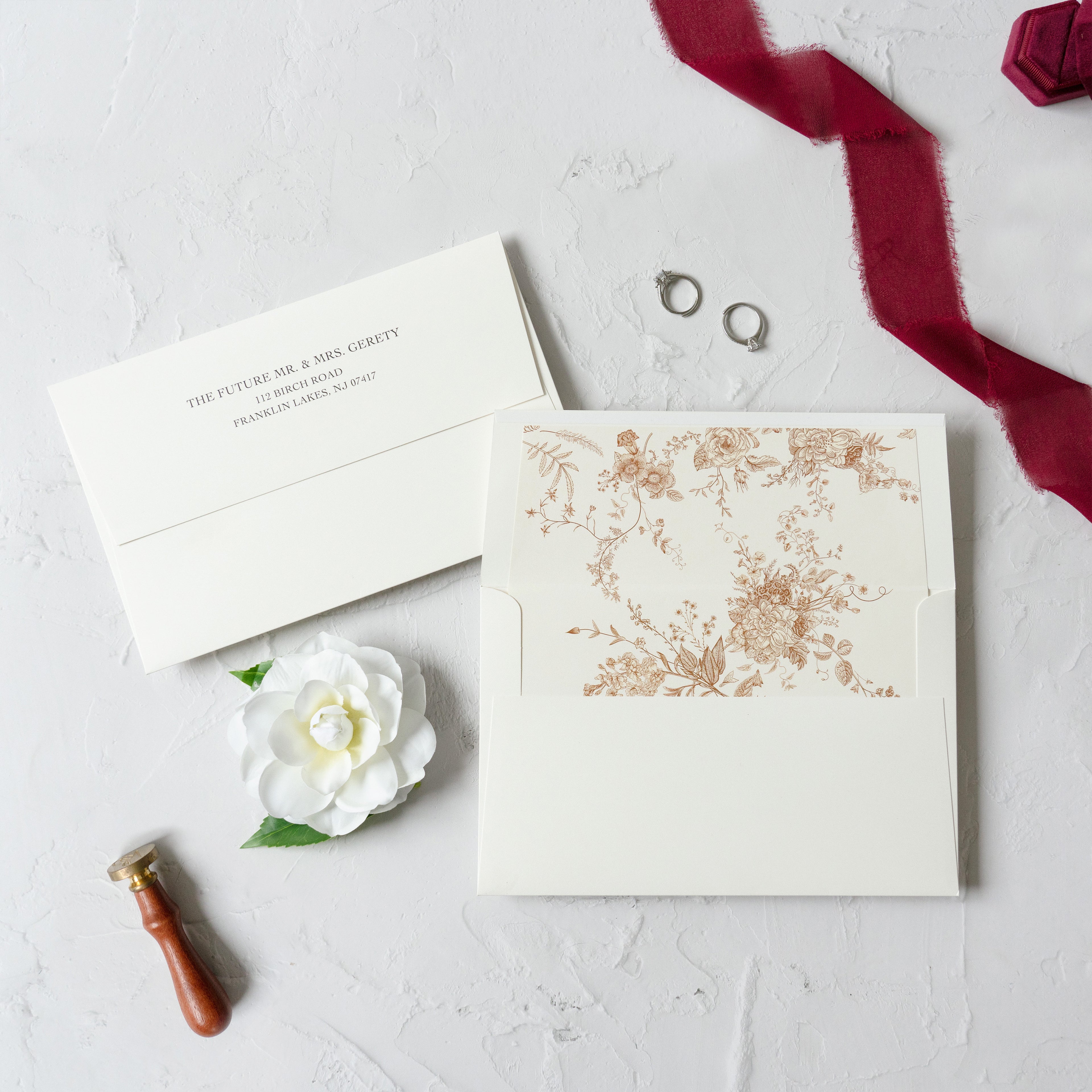 PONATIA Trifold Foil Print in Gold Burgundy Wedding Invitation Suite