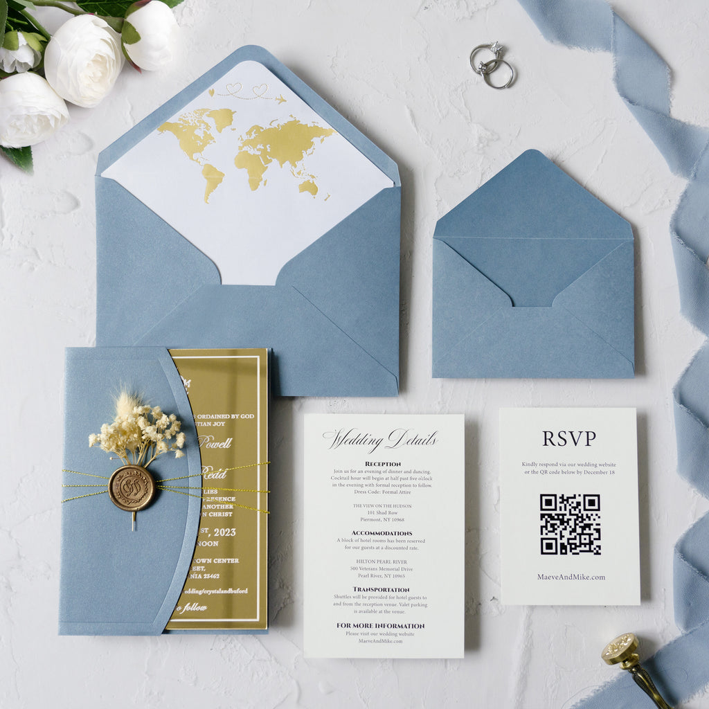 PONATIA Gold Mirror Acrylic Dusty Blue Wedding Invitation Suite
