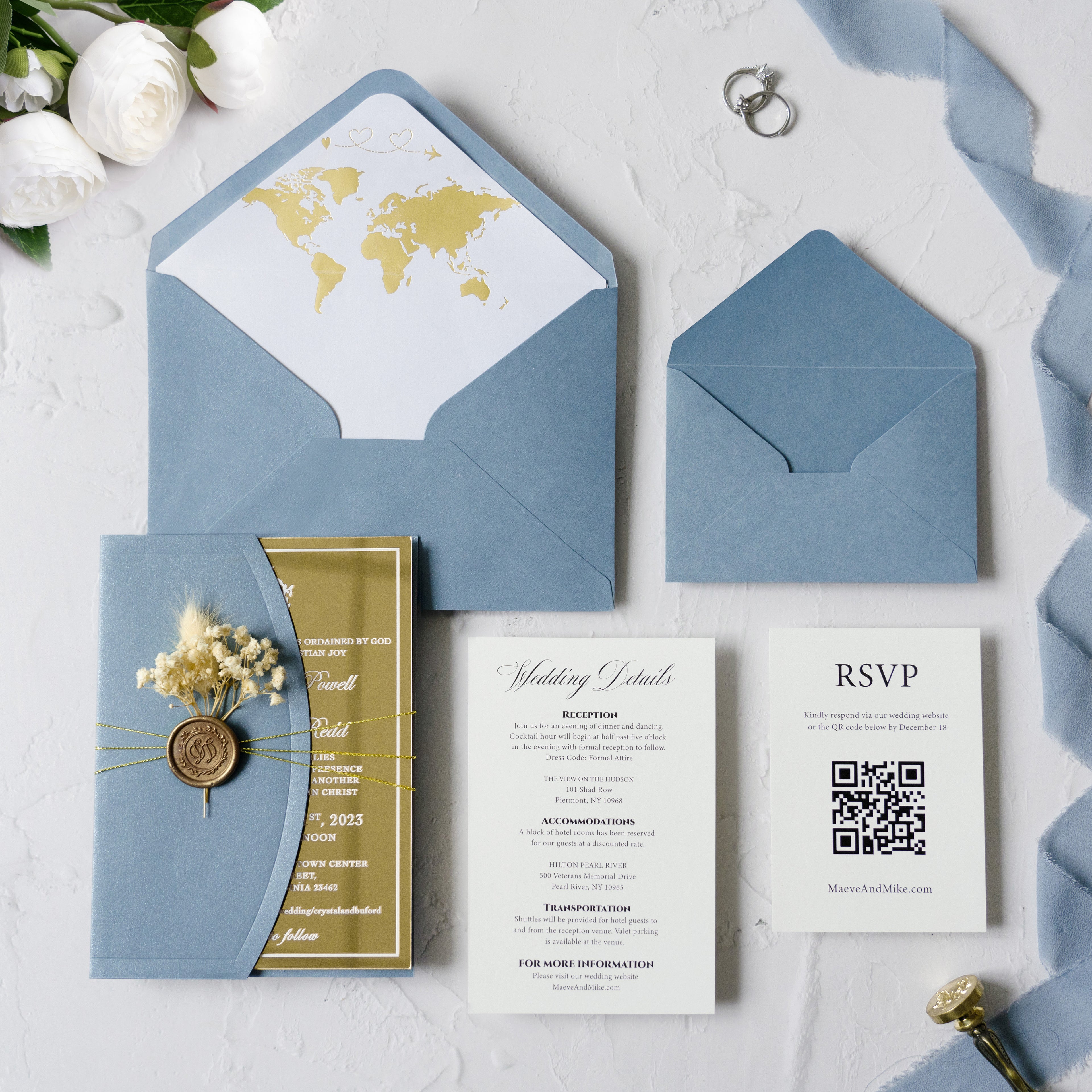 PONATIA Gold Mirror Acrylic Dusty Blue Wedding Invitation Suite