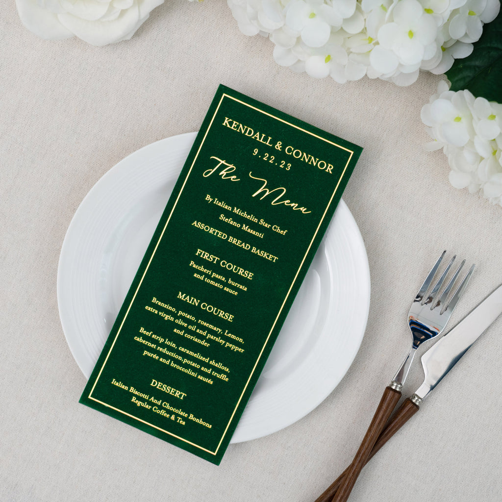 PONATIA Emerald Green Velvet Foil Print in Gold Wedding Menu