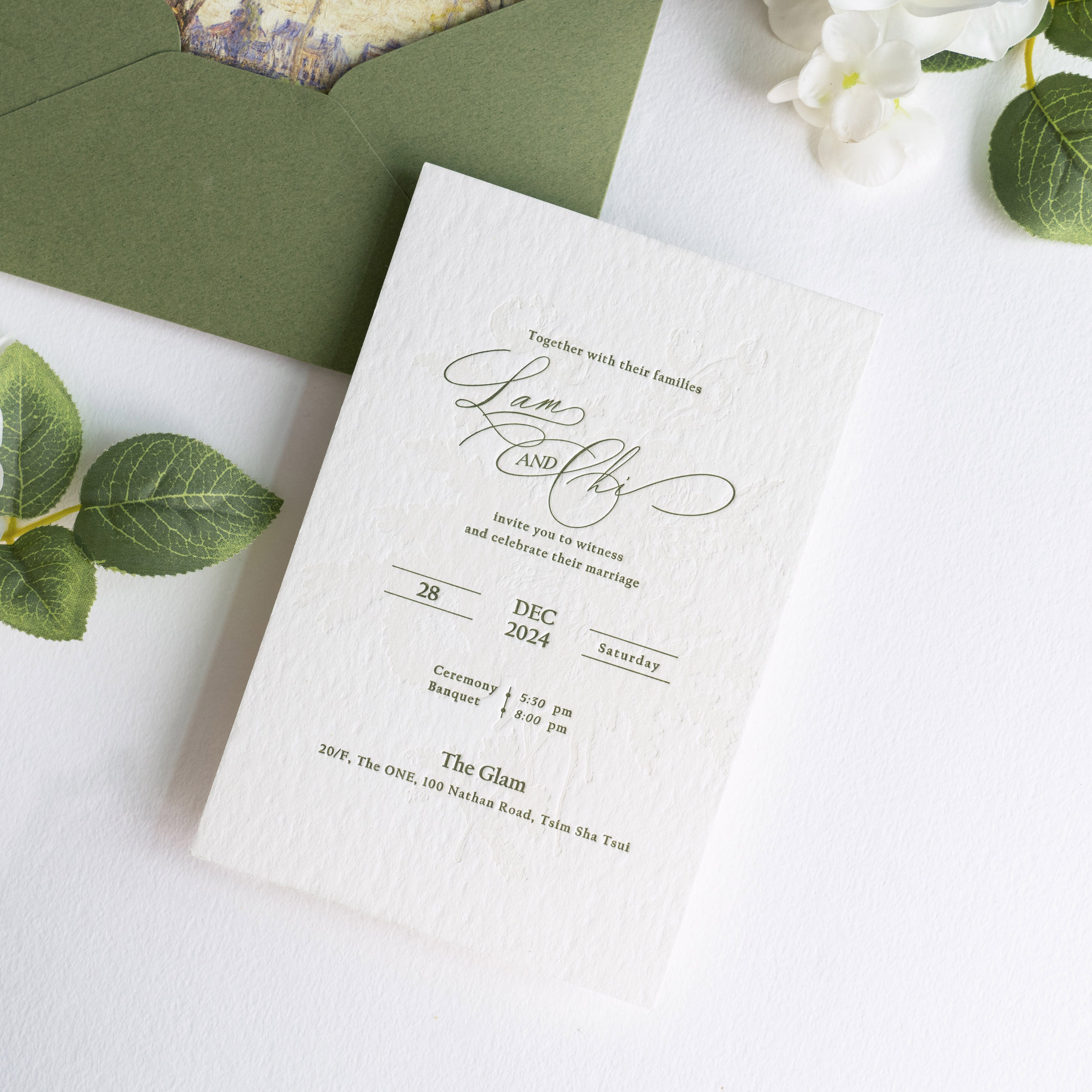 PONATIA  Olive Green Liner Envelopes with Letterpress Floral Wedding Invitation Card