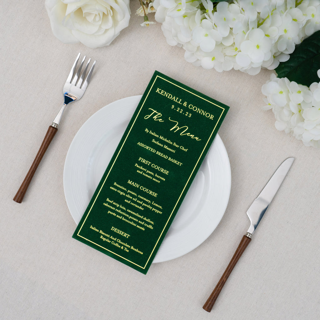 PONATIA Emerald Green Velvet Foil Print in Gold Wedding Menu