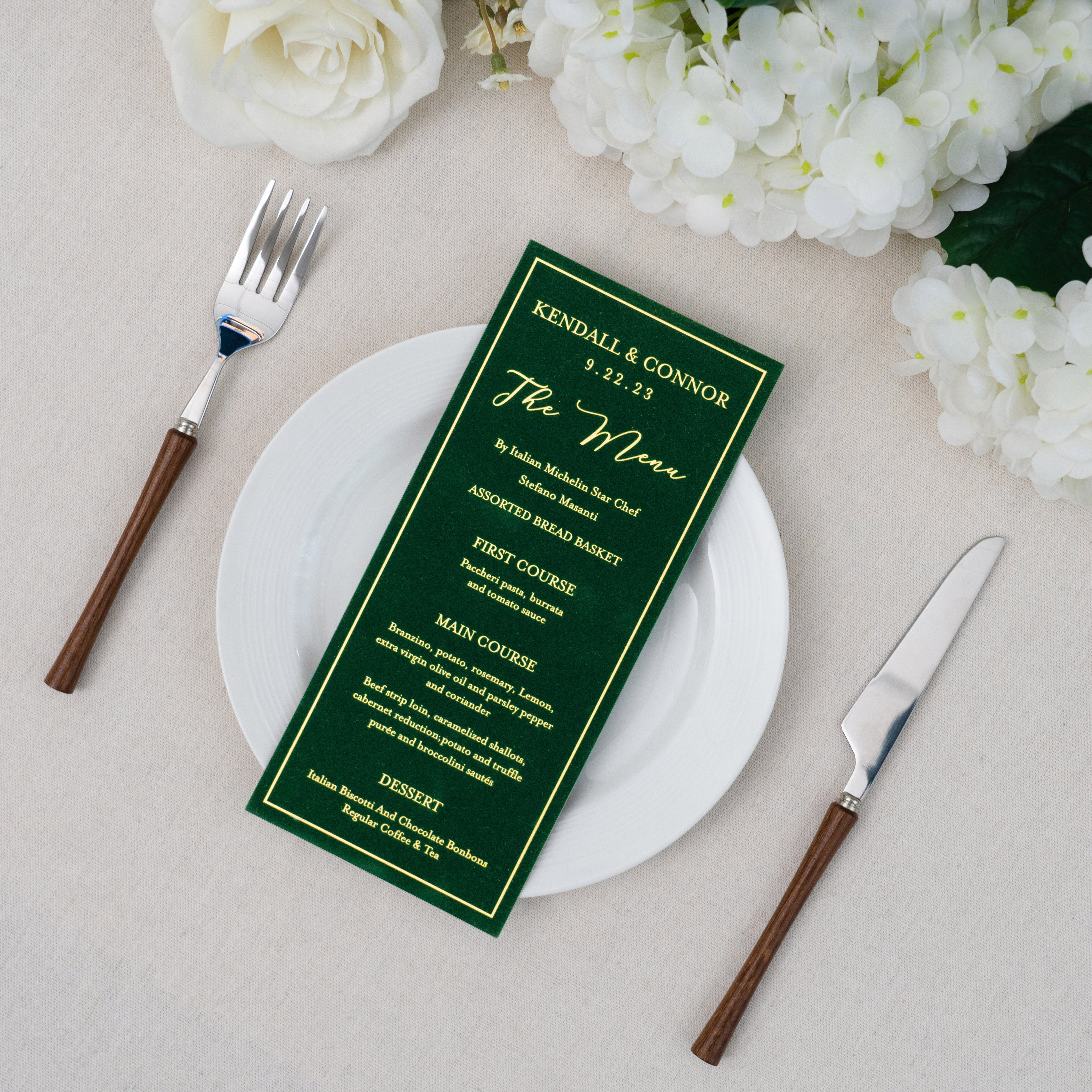 PONATIA Emerald Green Velvet Foil Print in Gold Wedding Menu