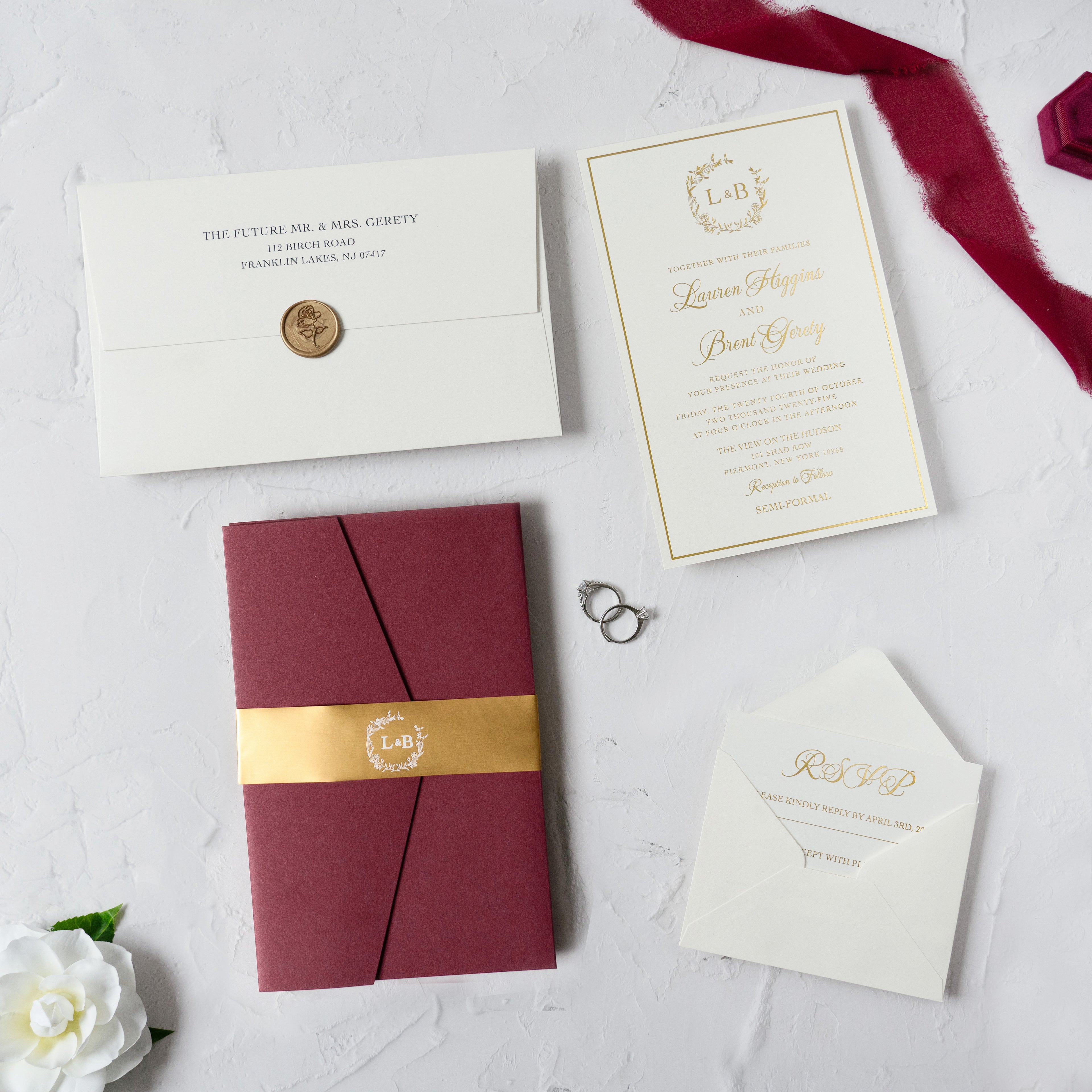PONATIA Trifold Foil Print in Gold Burgundy Wedding Invitation Suite