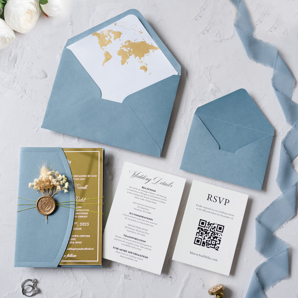PONATIA Gold Mirror Acrylic Dusty Blue Wedding Invitation Suite