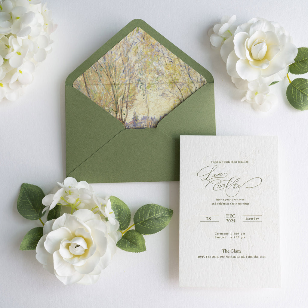 PONATIA  Olive Green Liner Envelopes with Letterpress Floral Wedding Invitation Card