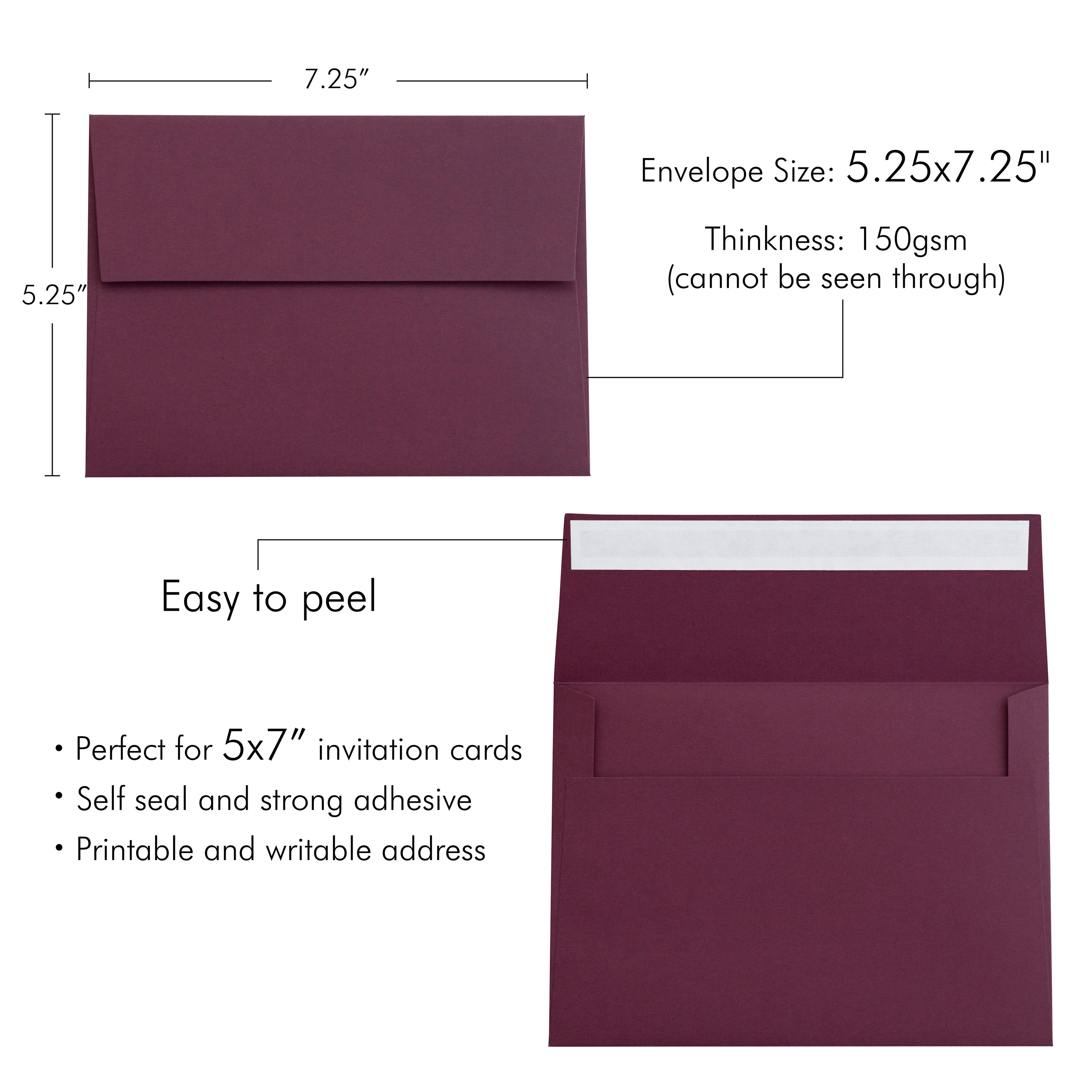 PONATIA 50 Pieces 5x7 Burgundy Envelopes, A7 Envelopes Self Seal for Weddings, Invitation Cards