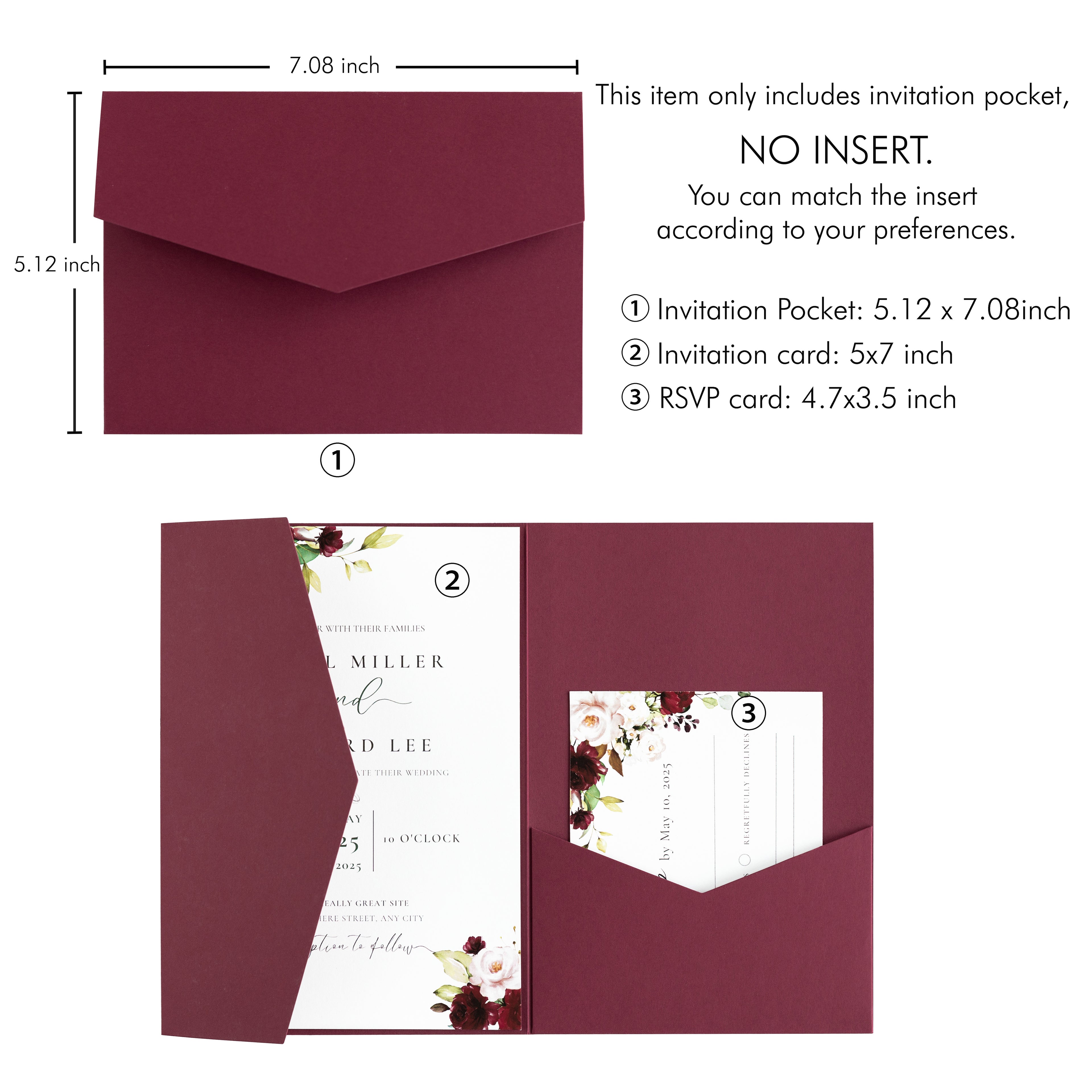 PONATIA 20 PCS Burgundy Tri-fold Wedding Invitation Pockets for 5x7 Wedding Cards