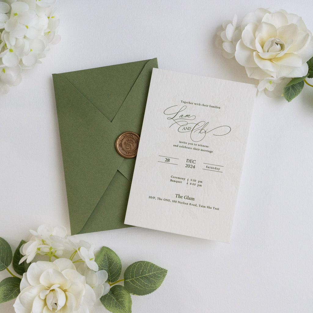 PONATIA  Olive Green Liner Envelopes with Letterpress Floral Wedding Invitation Card