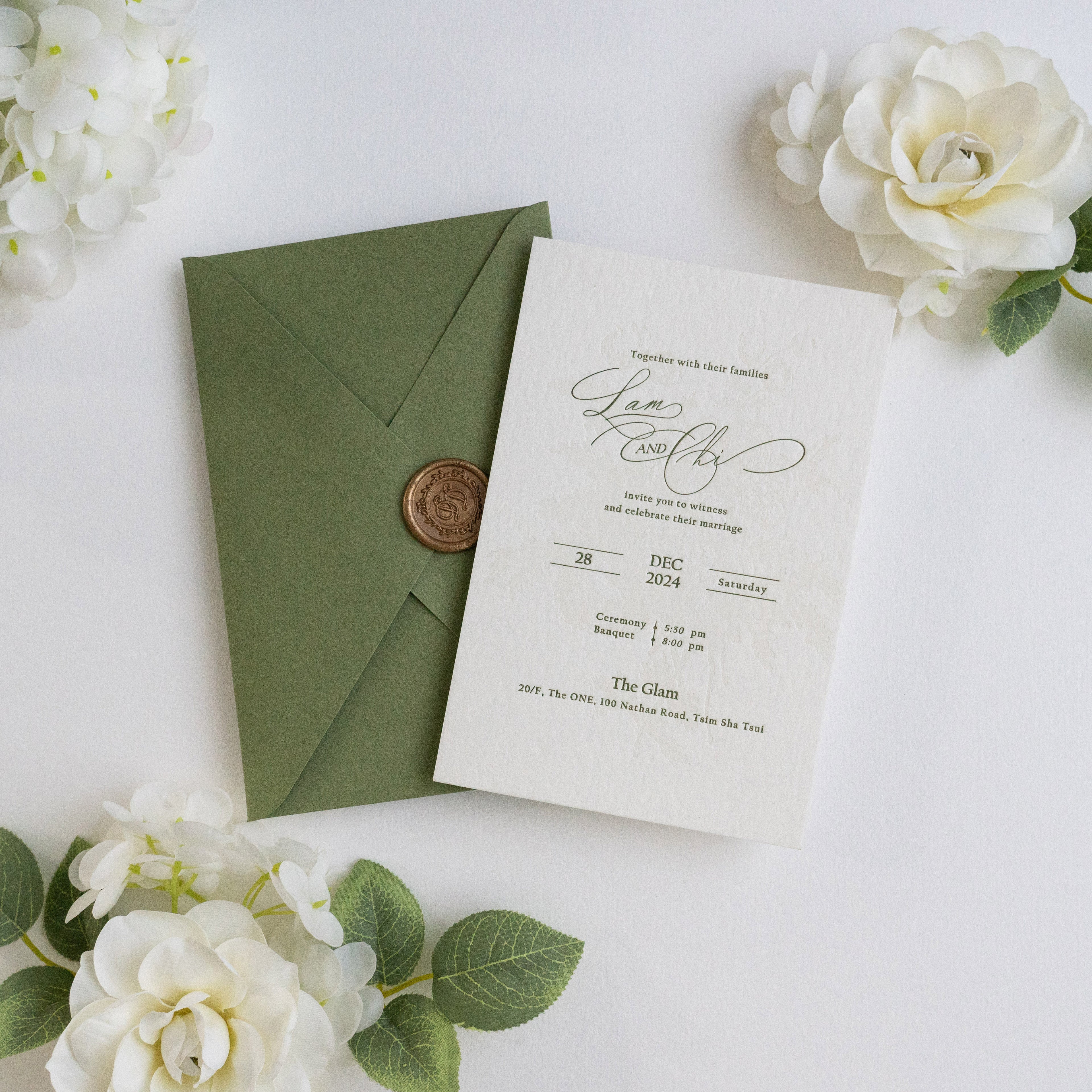 PONATIA  Olive Green Liner Envelopes with Letterpress Floral Wedding Invitation Card