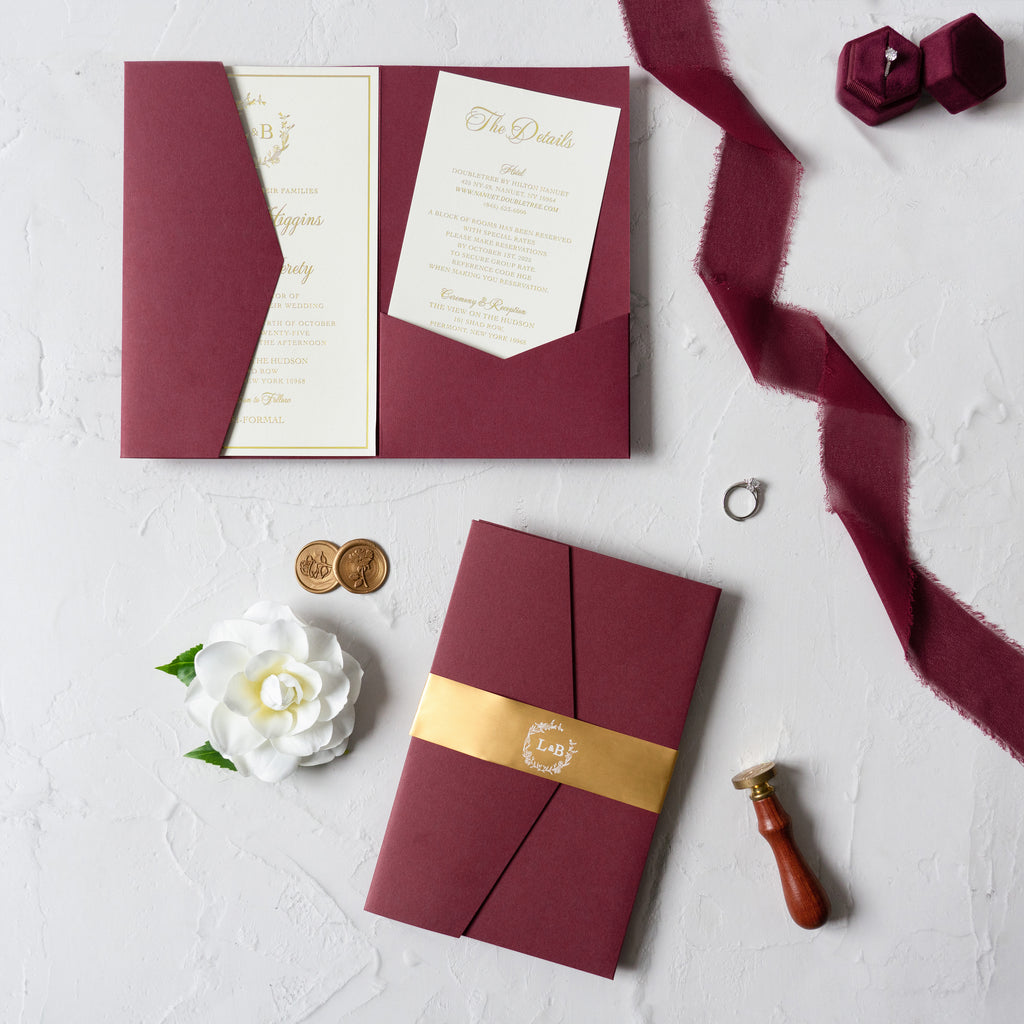 PONATIA Trifold Foil Print in Gold Burgundy Wedding Invitation Suite