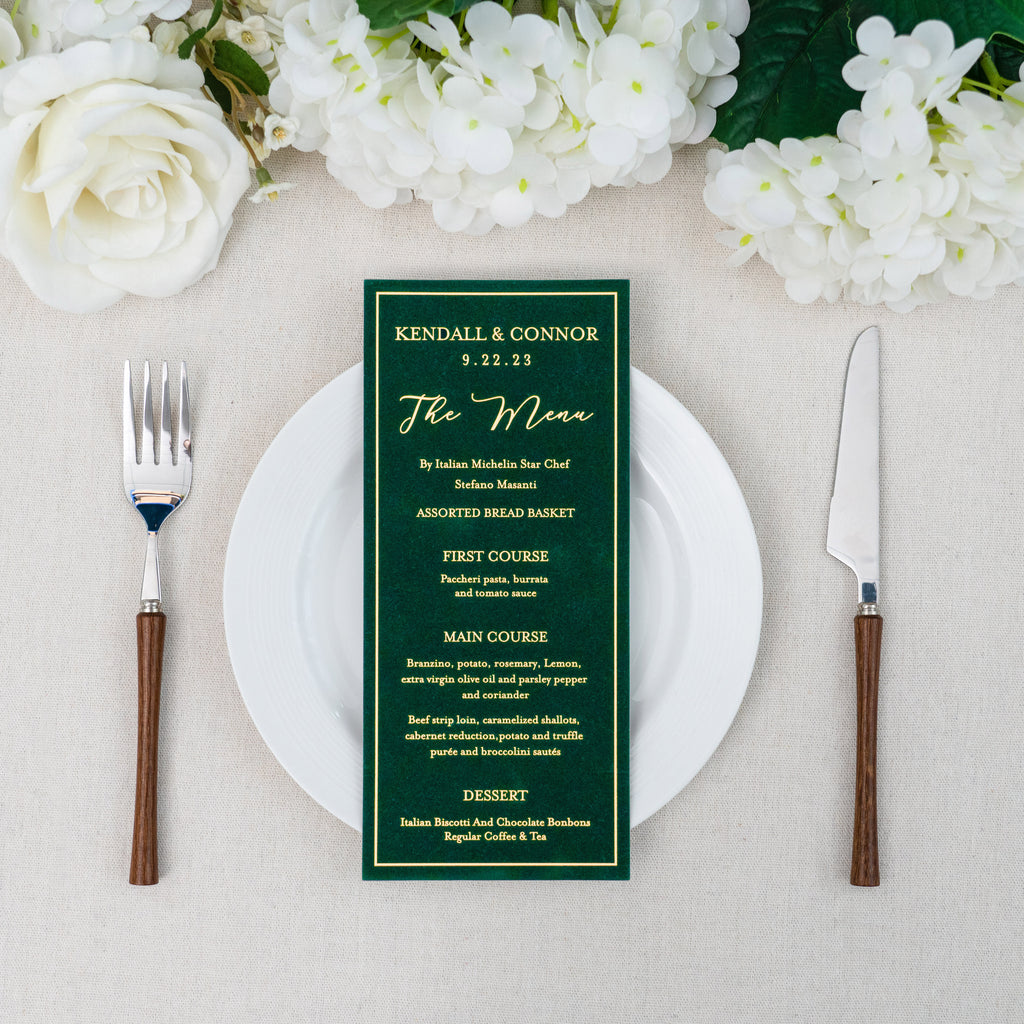 PONATIA Emerald Green Velvet Foil Print in Gold Wedding Menu