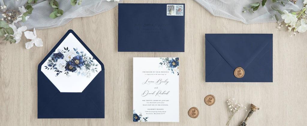PONATIA 50 Pieces Navy Blue Floral Liner Euro Flap Envelopes for  Wedding Invitation Card