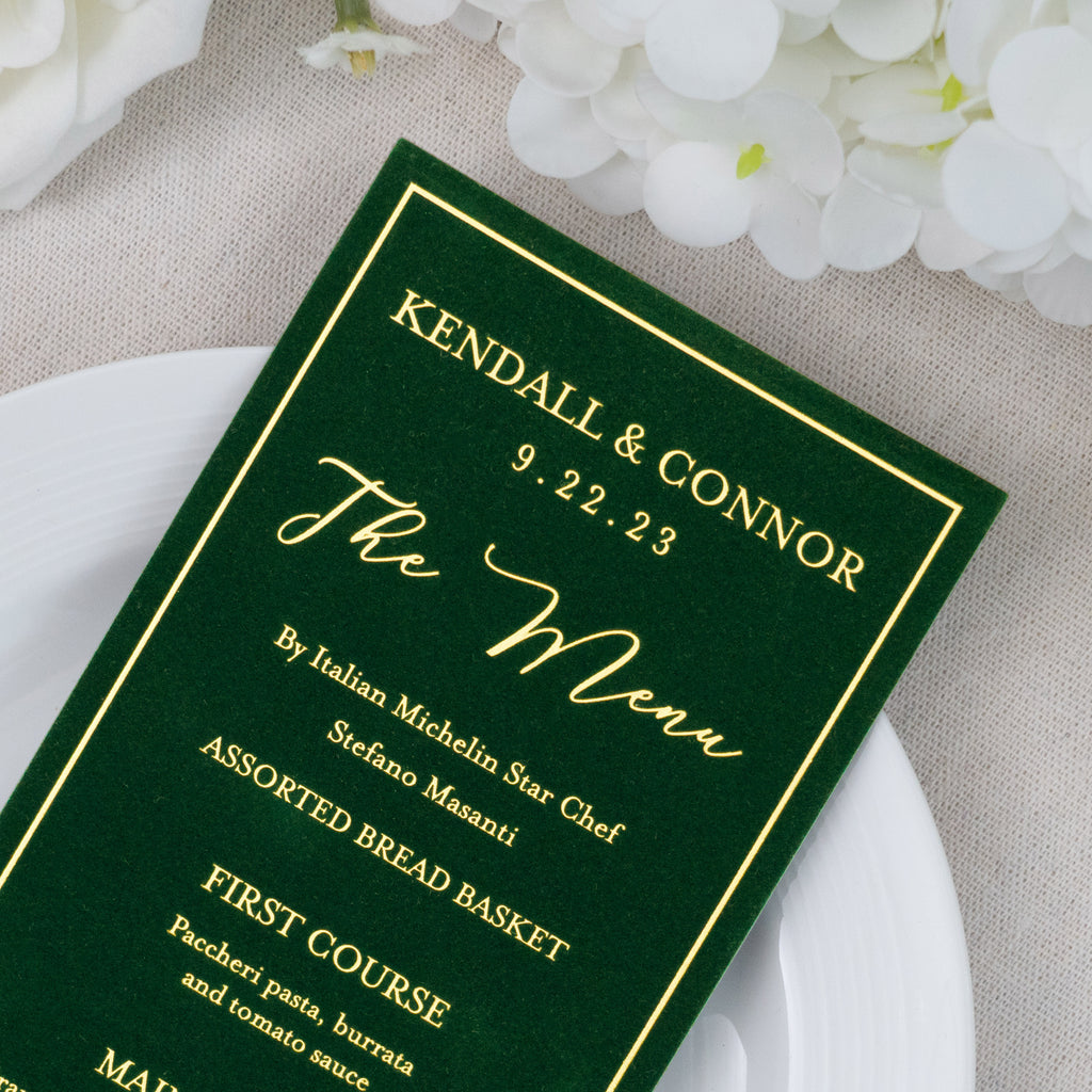 PONATIA Emerald Green Velvet Foil Print in Gold Wedding Menu