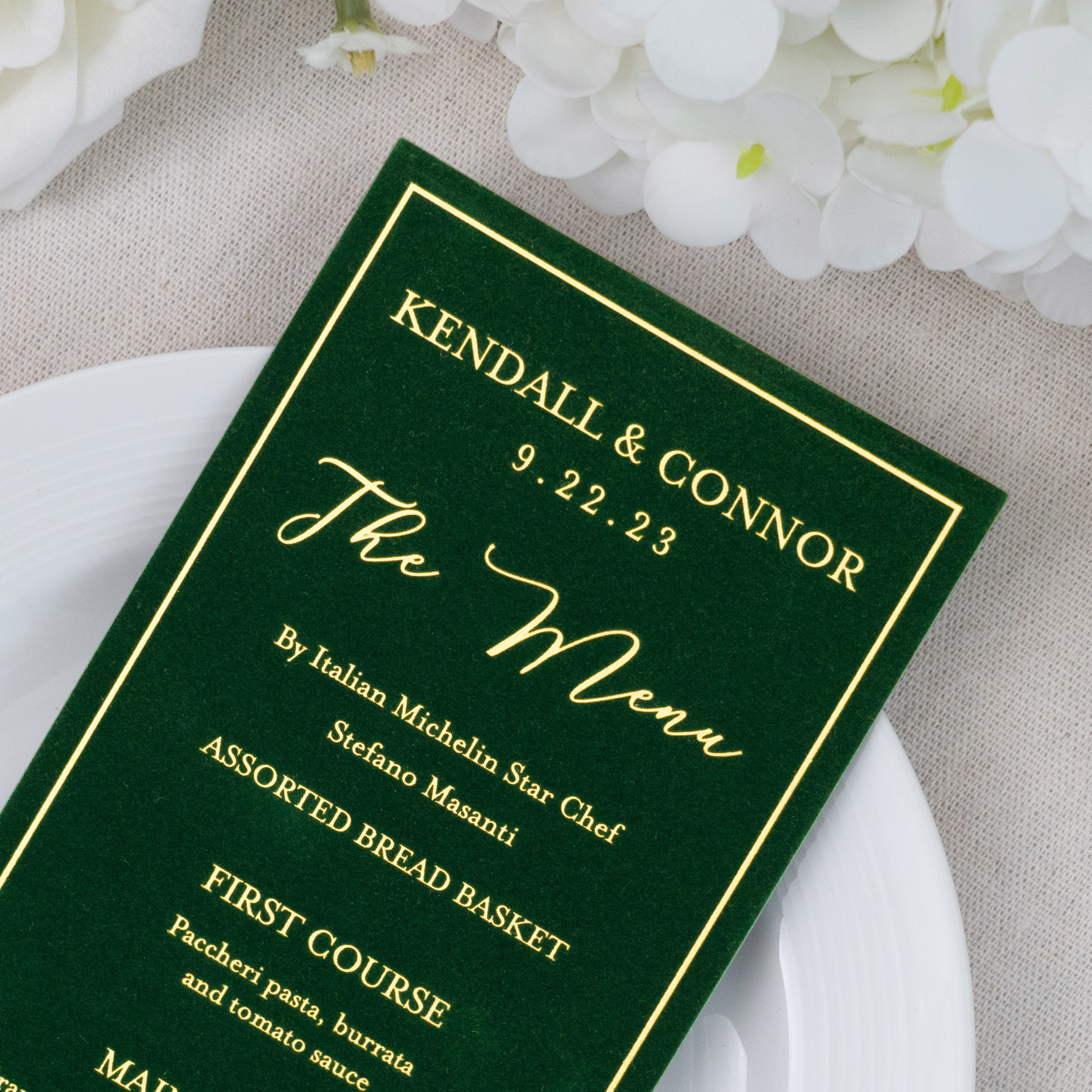 PONATIA Emerald Green Velvet Foil Print in Gold Wedding Menu