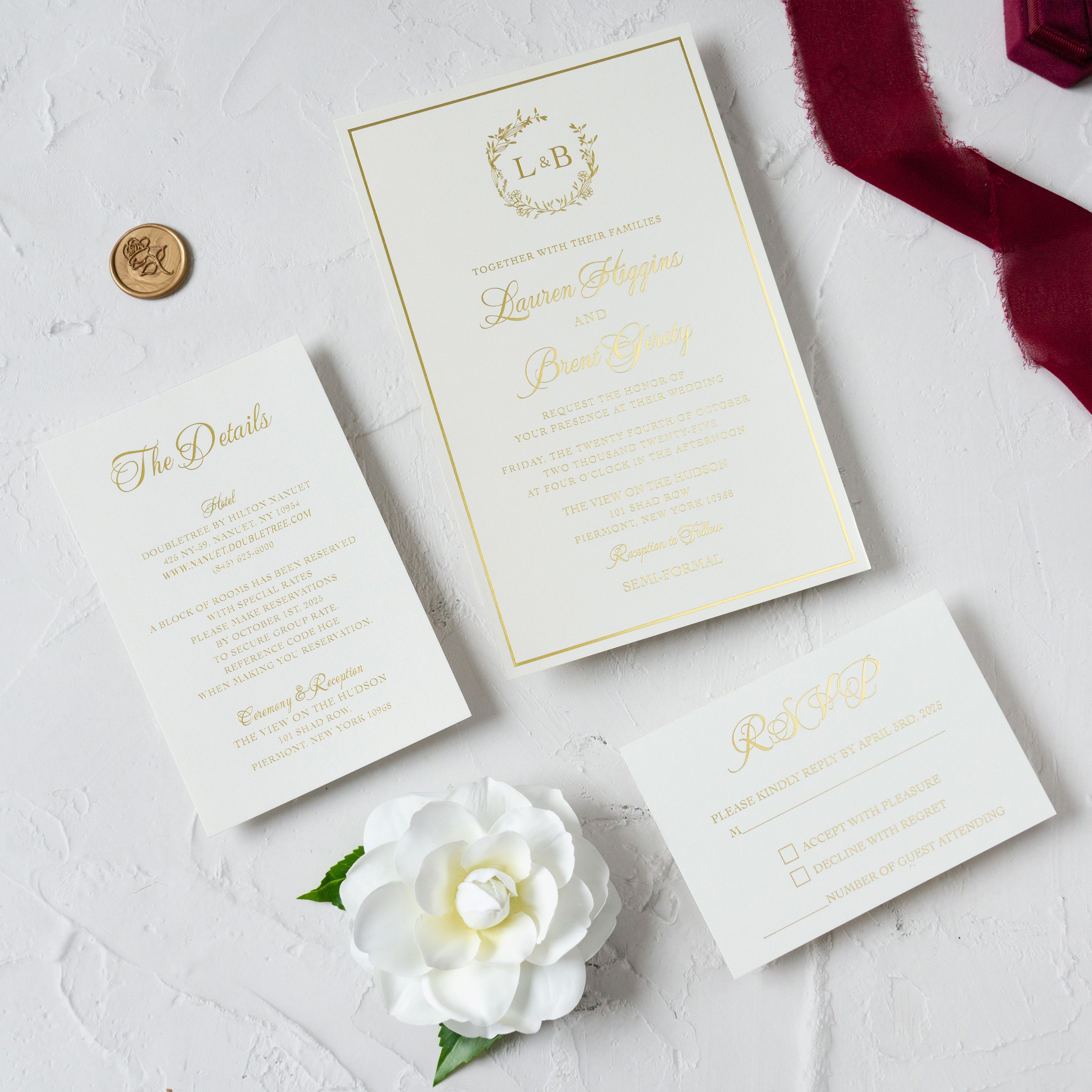 PONATIA Trifold Foil Print in Gold Burgundy Wedding Invitation Suite