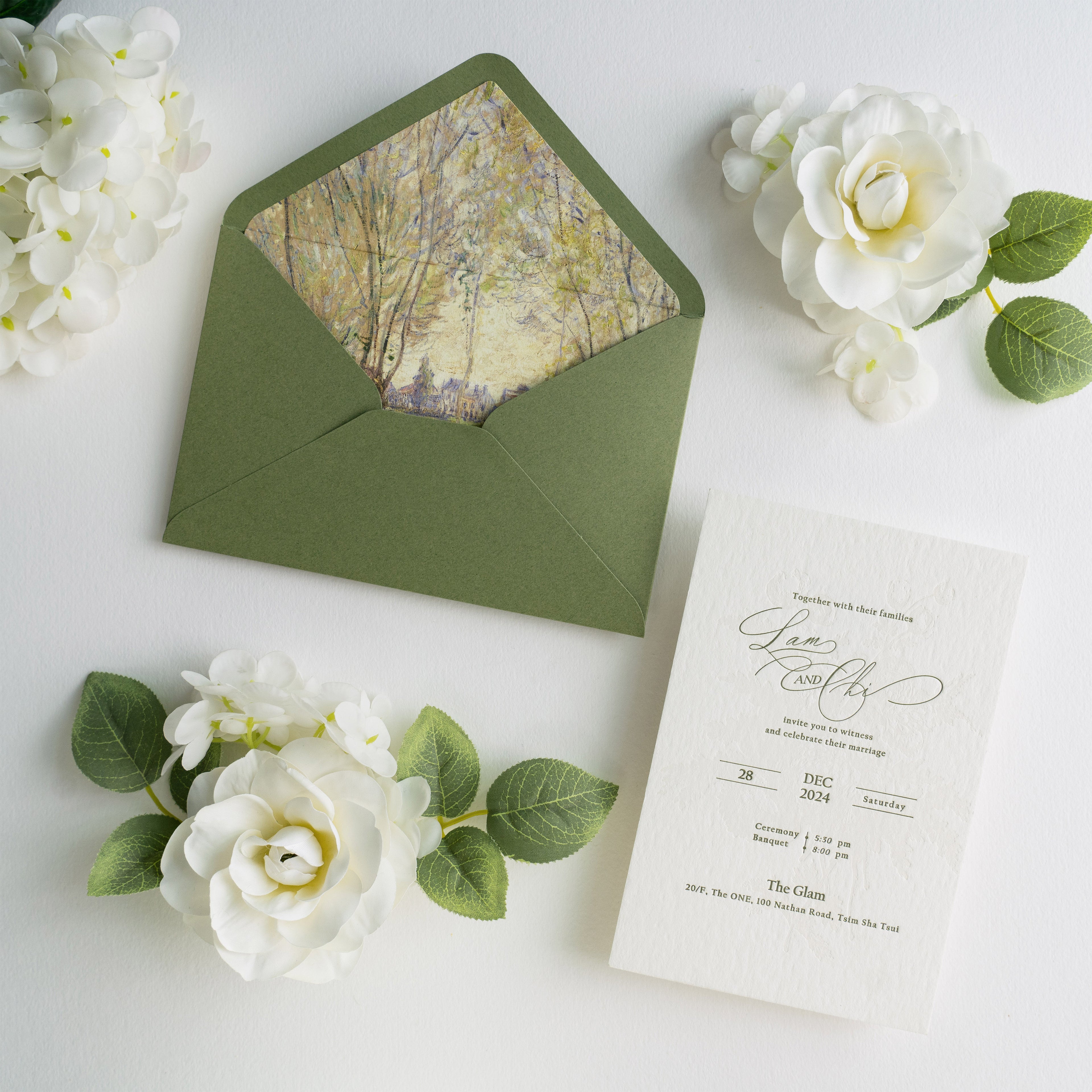 PONATIA  Olive Green Liner Envelopes with Letterpress Floral Wedding Invitation Card