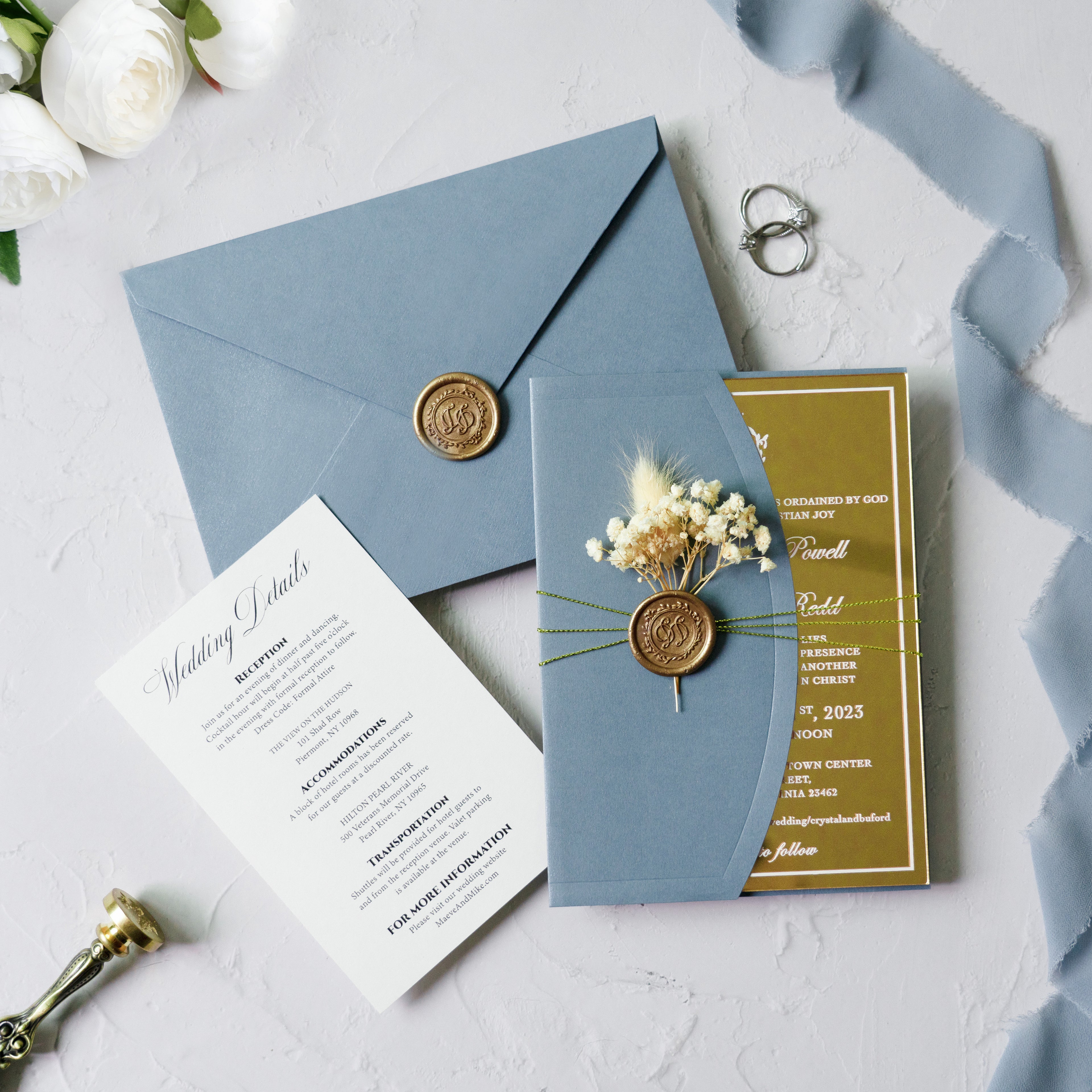 PONATIA Gold Mirror Acrylic Dusty Blue Wedding Invitation Suite