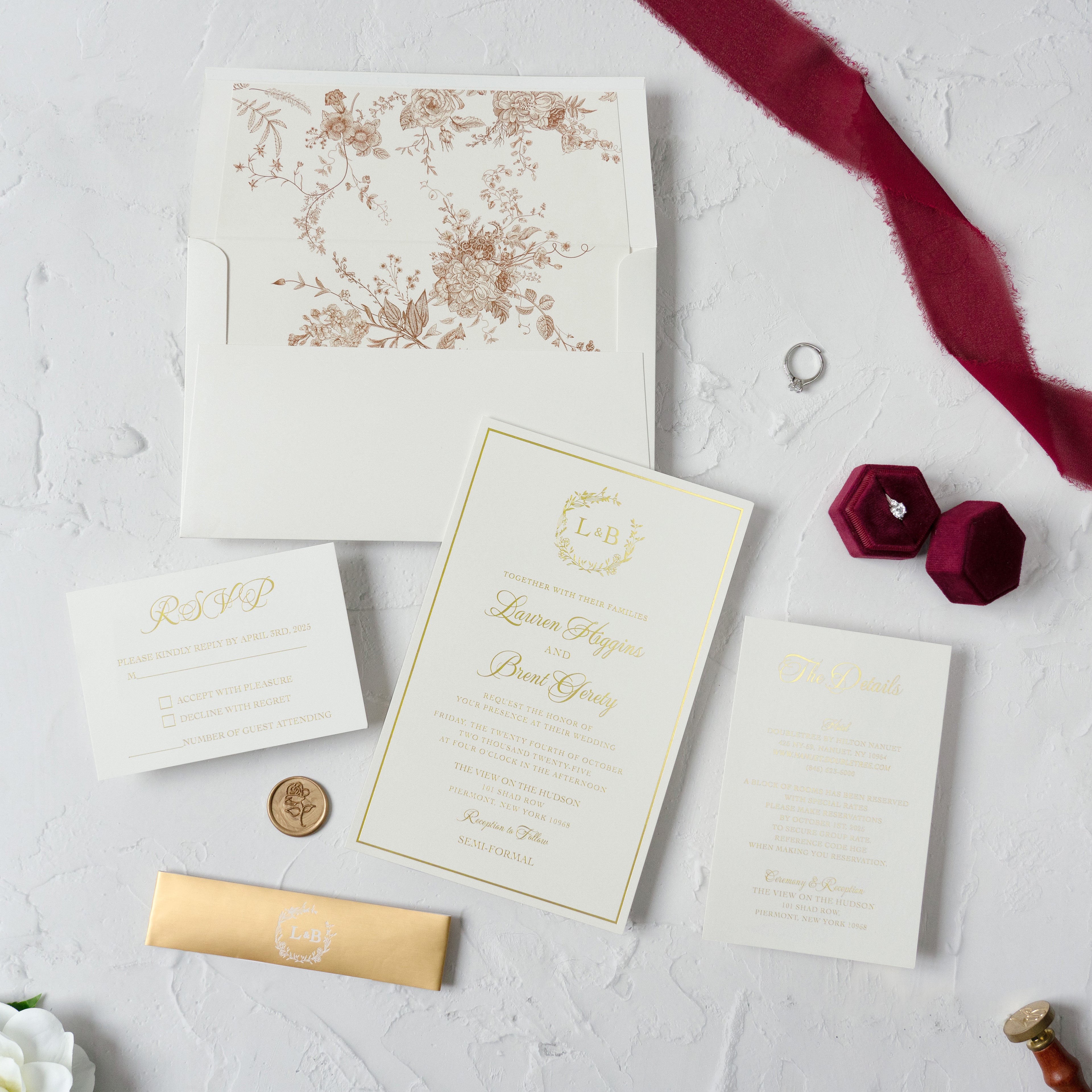 PONATIA Trifold Foil Print in Gold Burgundy Wedding Invitation Suite