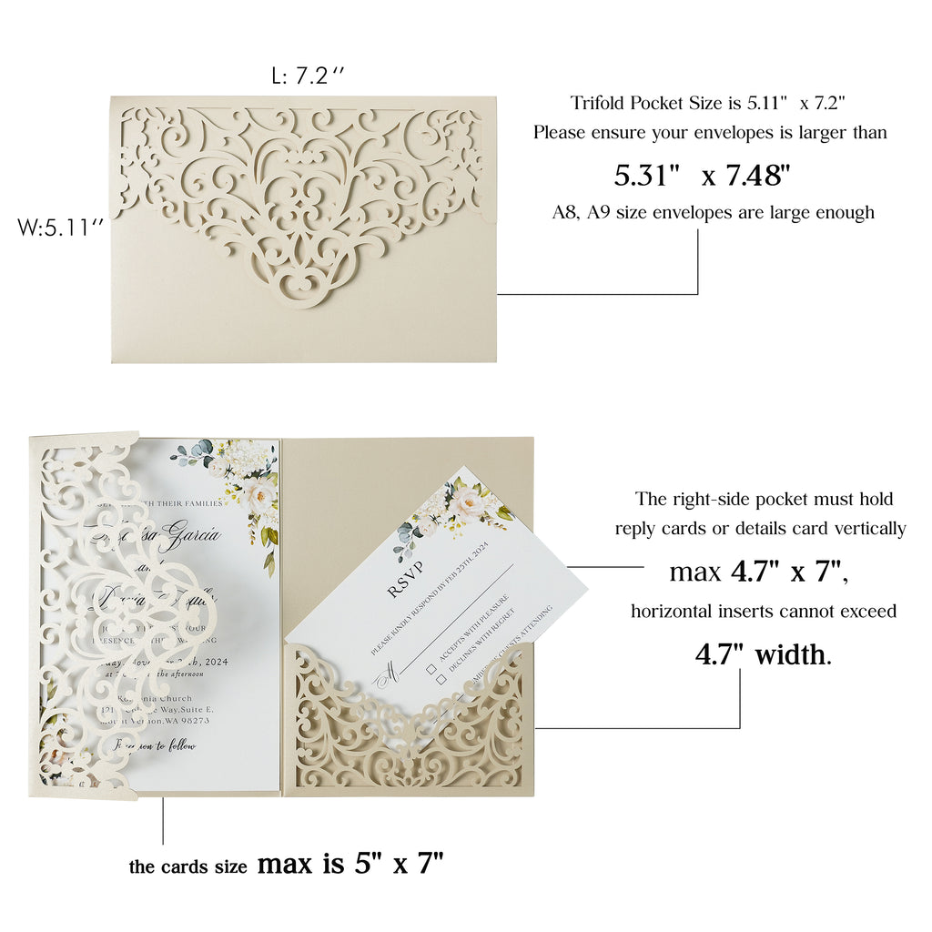 PONATIA  20PCS Beige Laser Cut Wedding Invitations Pockets