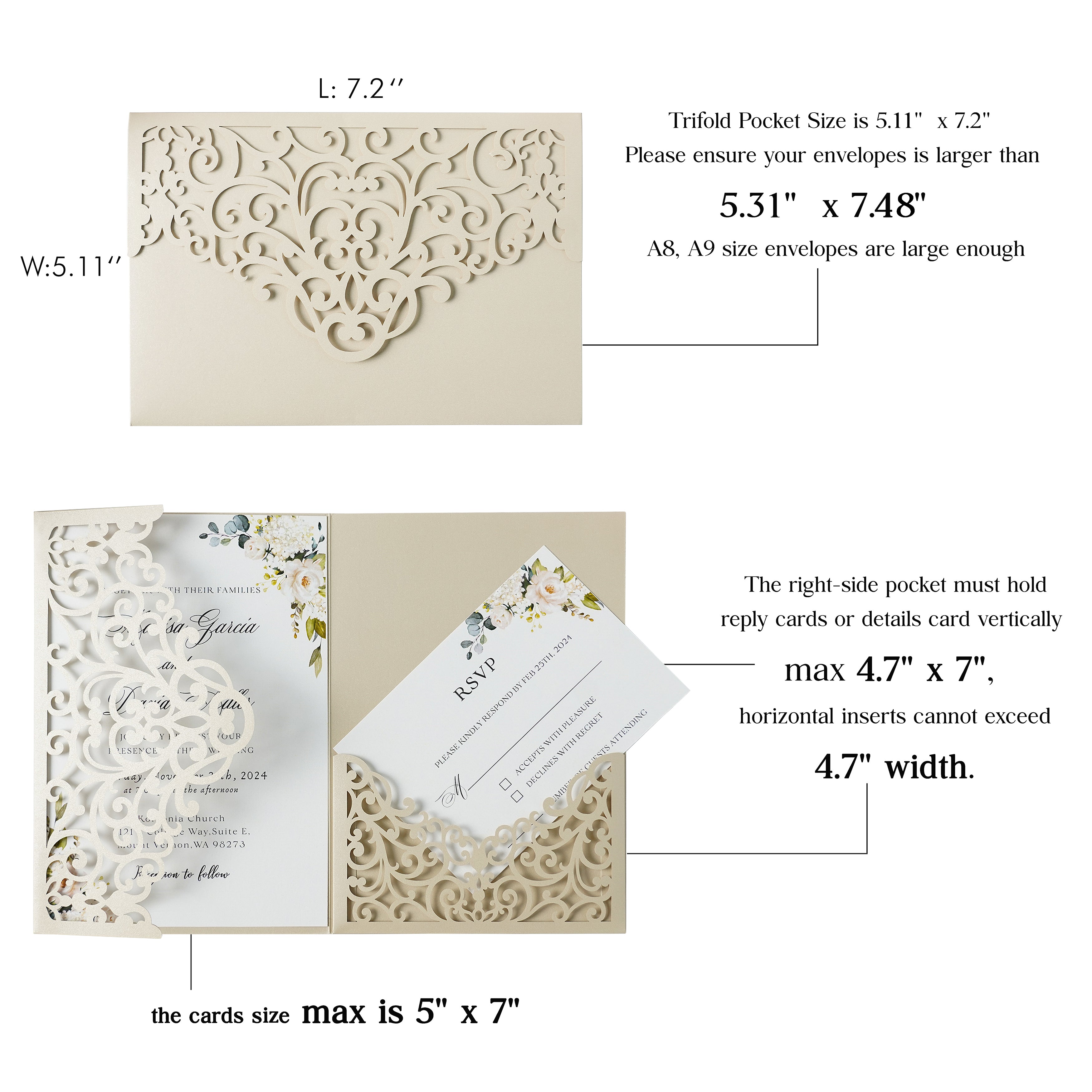 PONATIA  20PCS Beige Laser Cut Wedding Invitations Pockets