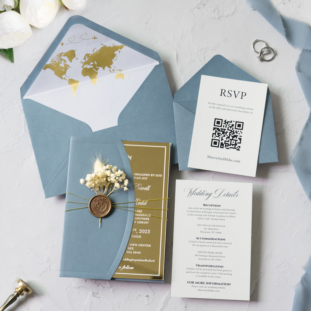 PONATIA Gold Mirror Acrylic Dusty Blue Wedding Invitation Suite