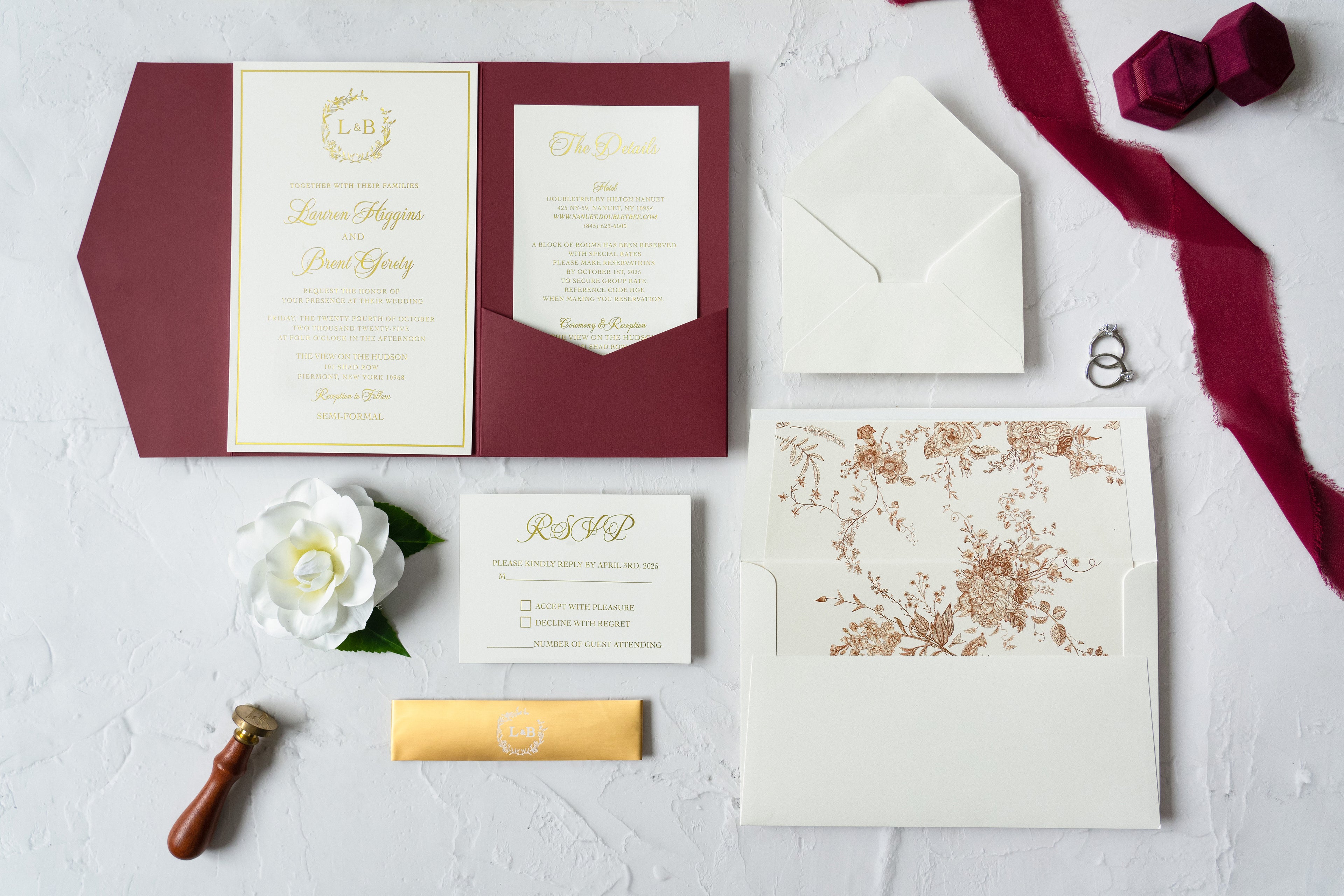 PONATIA Trifold Foil Print in Gold Burgundy Wedding Invitation Suite
