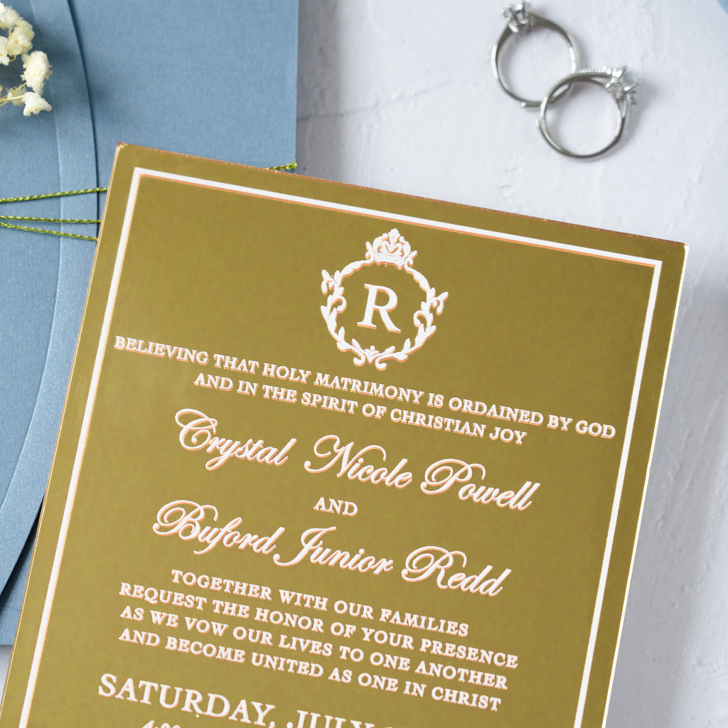 PONATIA Gold Mirror Acrylic Dusty Blue Wedding Invitation Suite