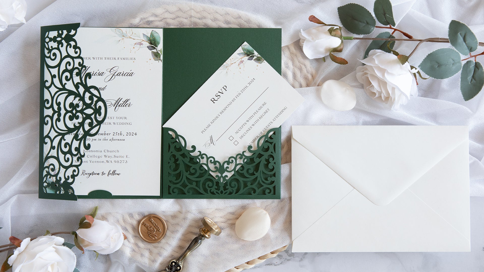 PONATIA  20PCS Emerald Green Laser Cut Wedding Invitations Pockets
