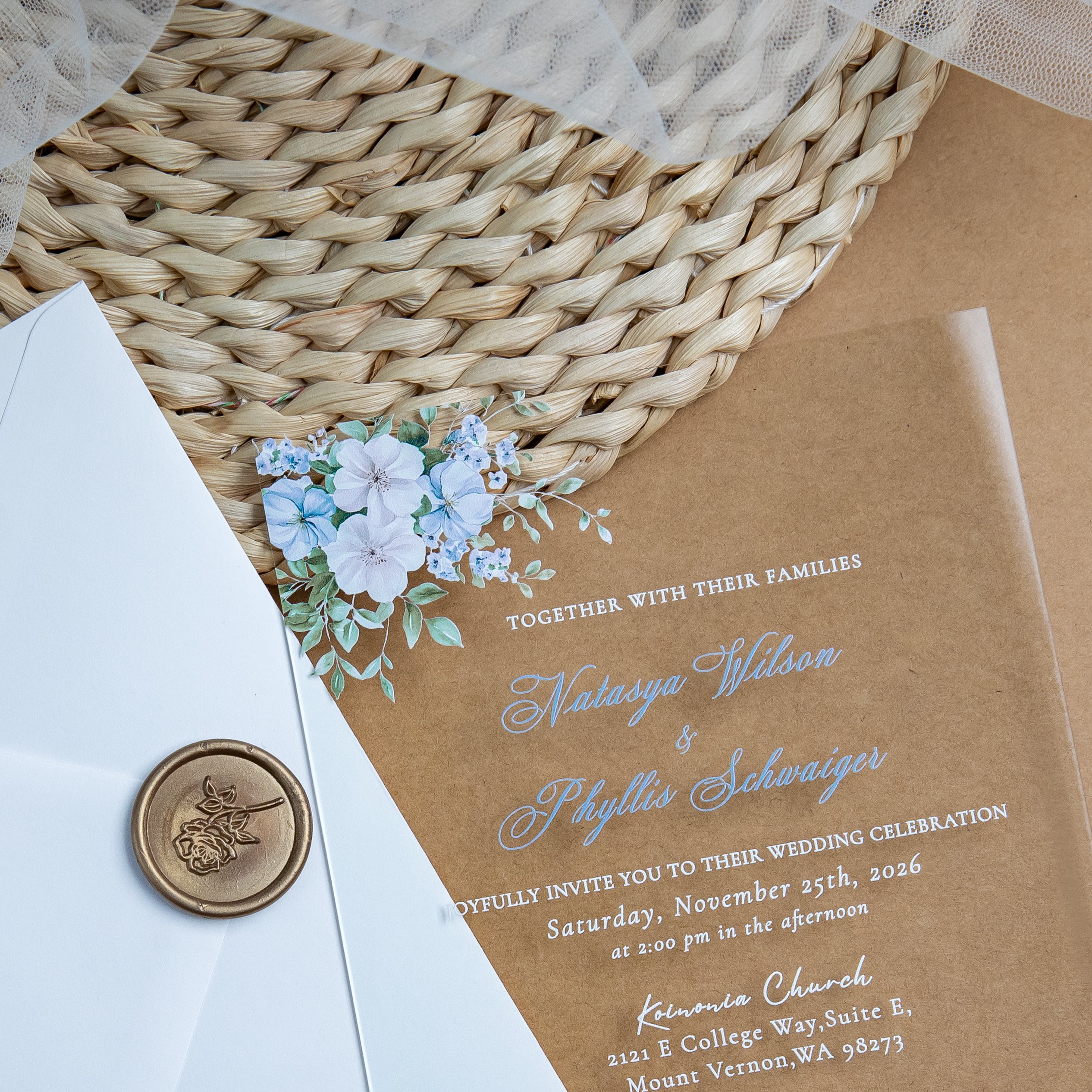 PONATIA 1mm/0.04'' Clear Acrylic Blue Floral Wedding Invitation Cards  and Ivory Envelopes