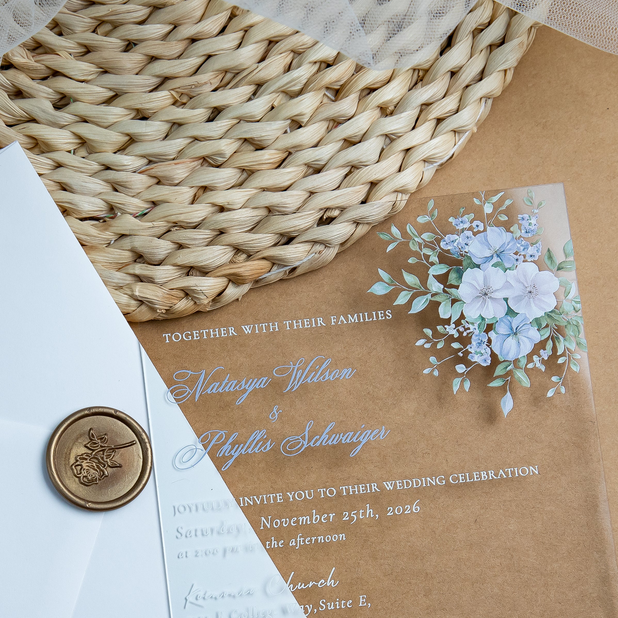 PONATIA 1mm/0.04'' Clear Acrylic Blue Flower Wedding Invitation Cards  and Ivory Envelopes