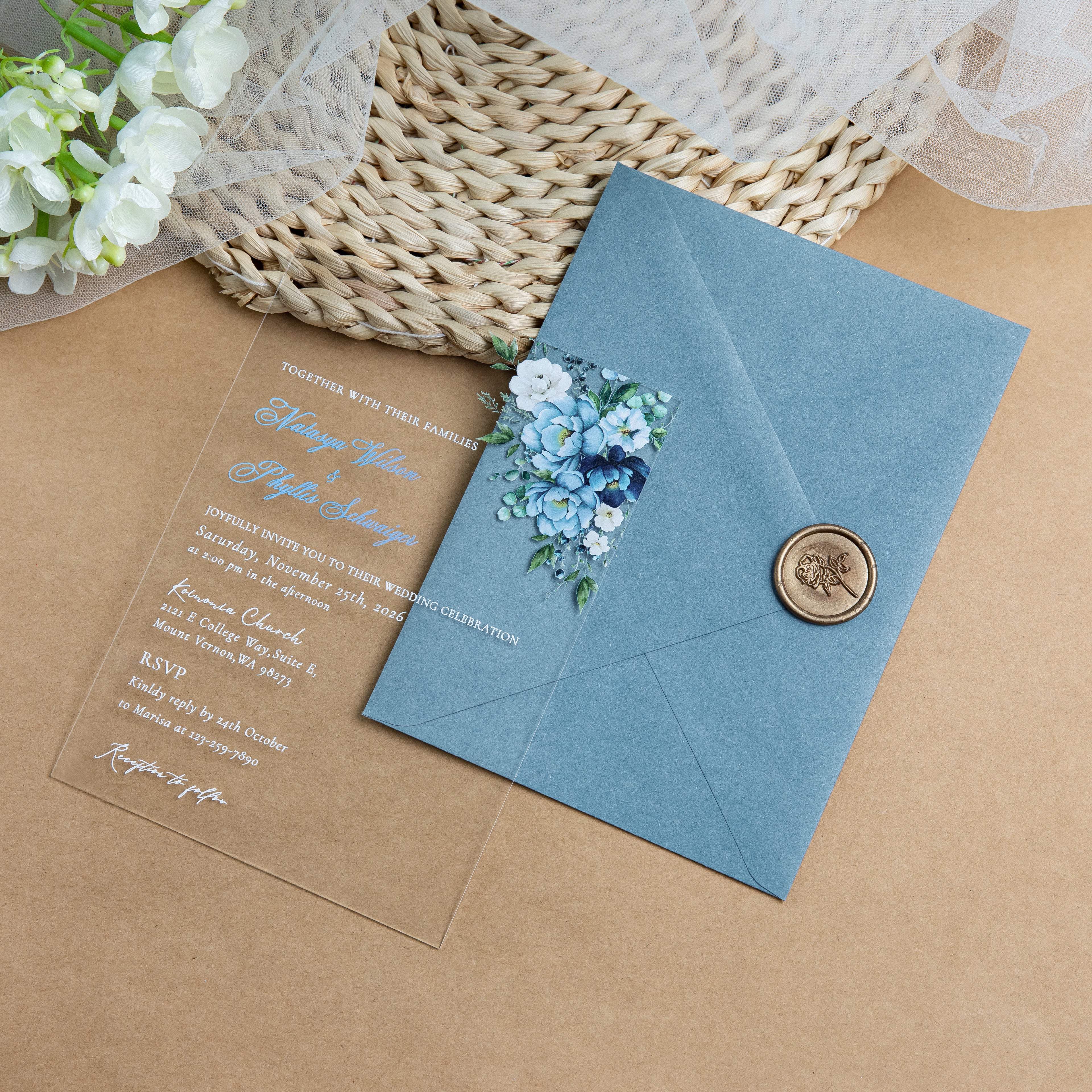 PONATIA 1mm/0.04'' Clear Acrylic Flower Wedding Invitation Cards  and Dusty Blue Envelopes