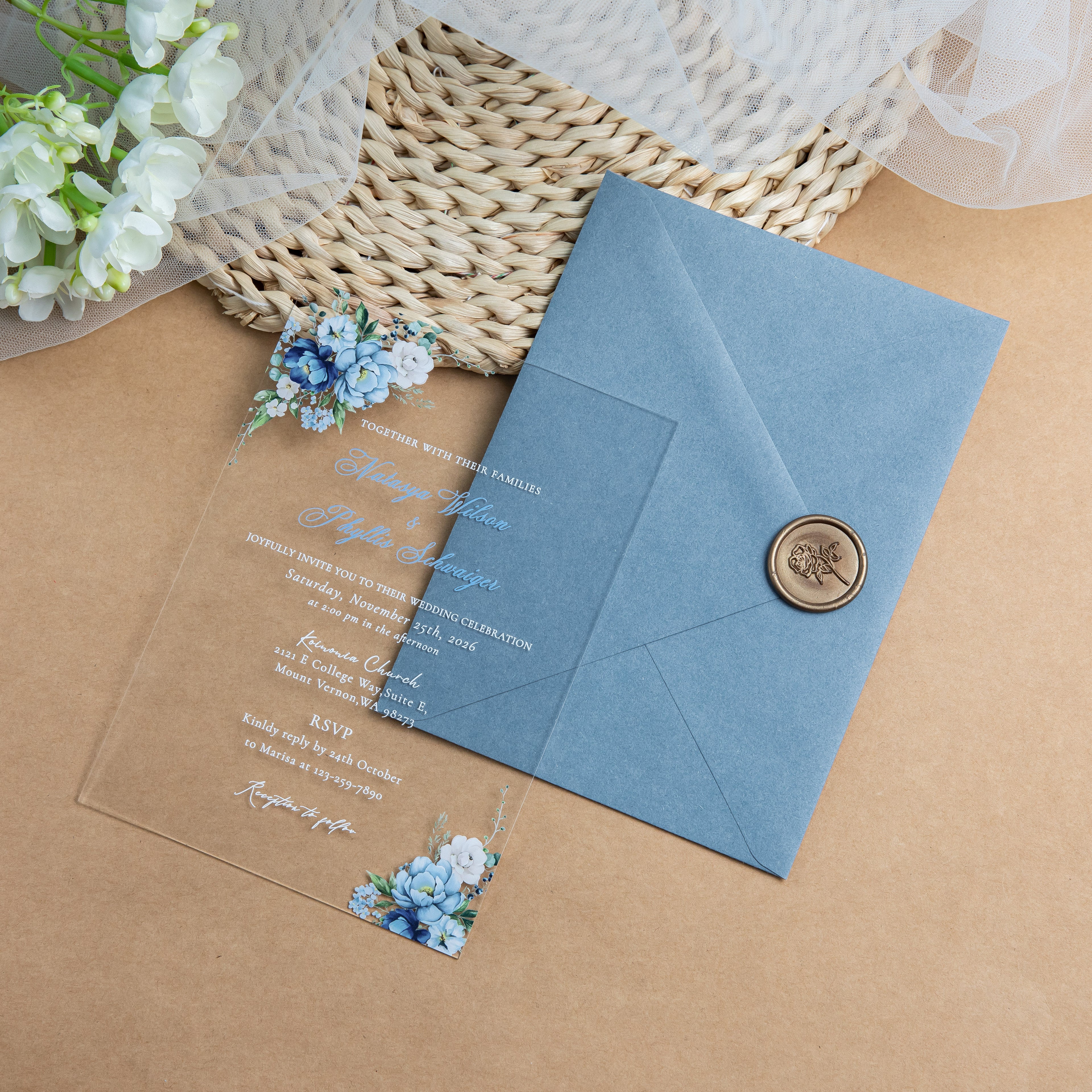 PONATIA 1mm/0.04'' Clear Acrylic Floral Wedding Invitation Cards  and Dusty Blue Envelopes