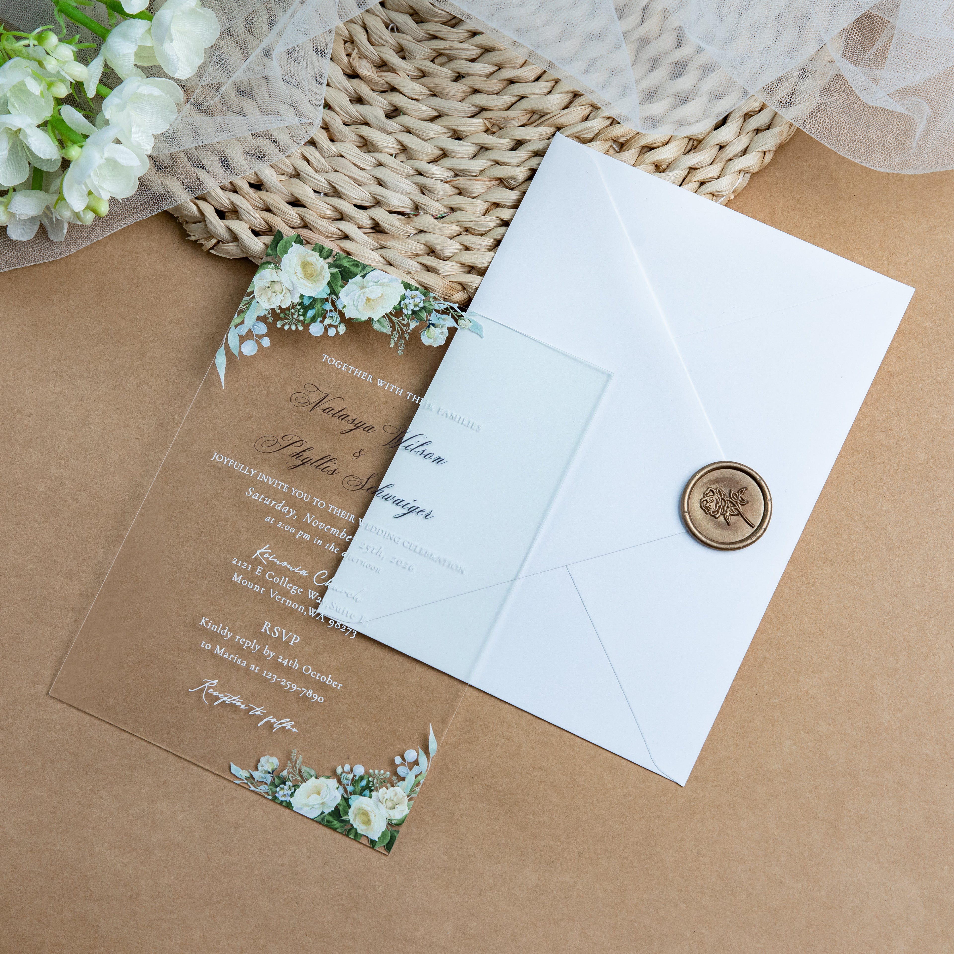 PONATIA 1mm/0.04'' Clear Acrylic White Flower Wedding Invitation Cards  and Ivory Envelopes