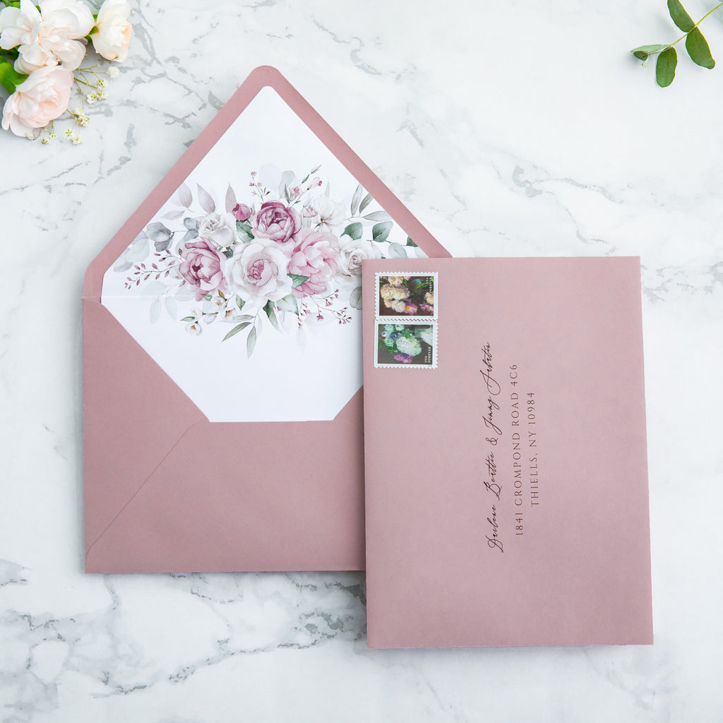 PONATIA 50 Pieces Dusty Rose Floral Liner Euro Flap Envelopes for  Wedding Invitation Card