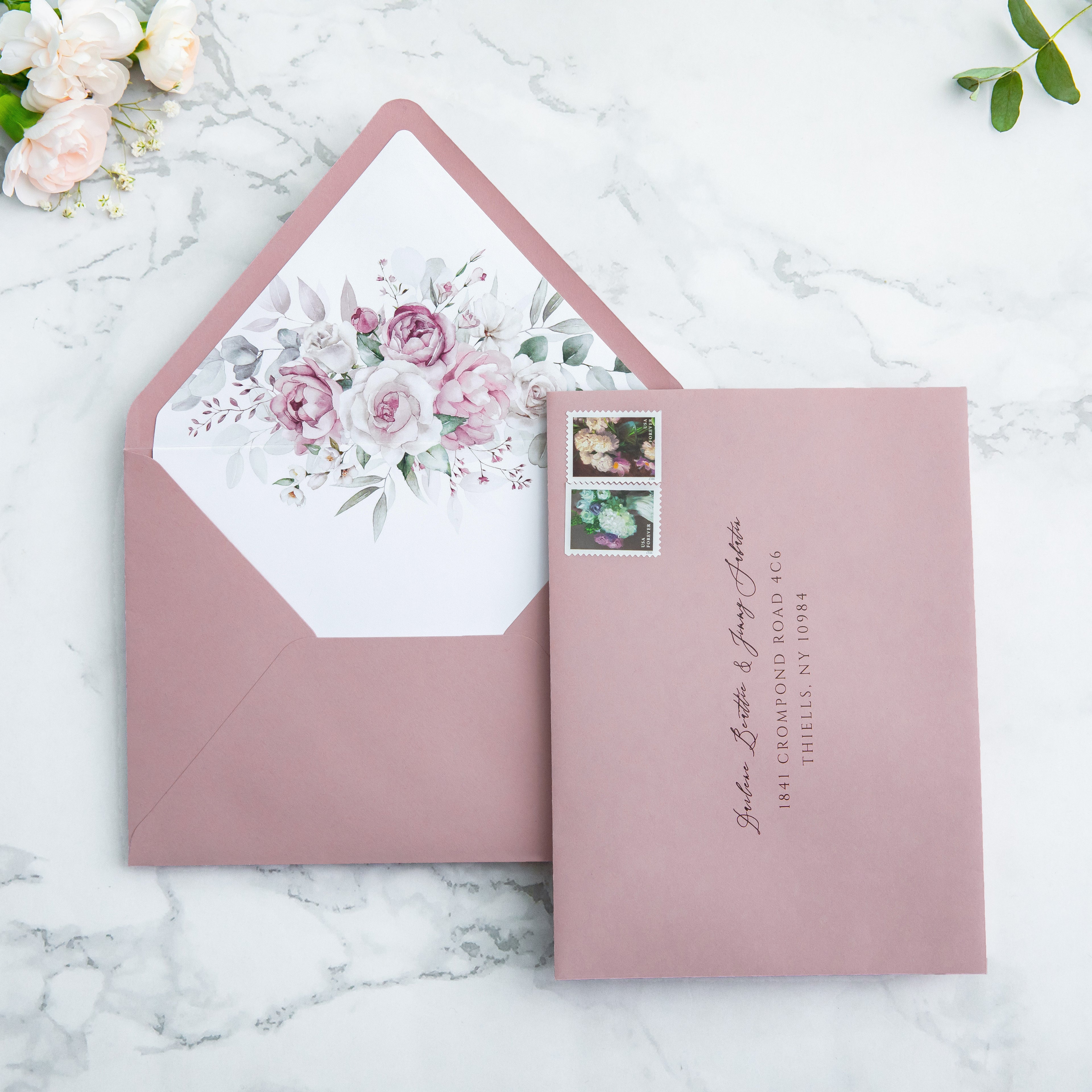 PONATIA 50 Pieces Dusty Rose Floral Liner Euro Flap Envelopes for  Wedding Invitation Card