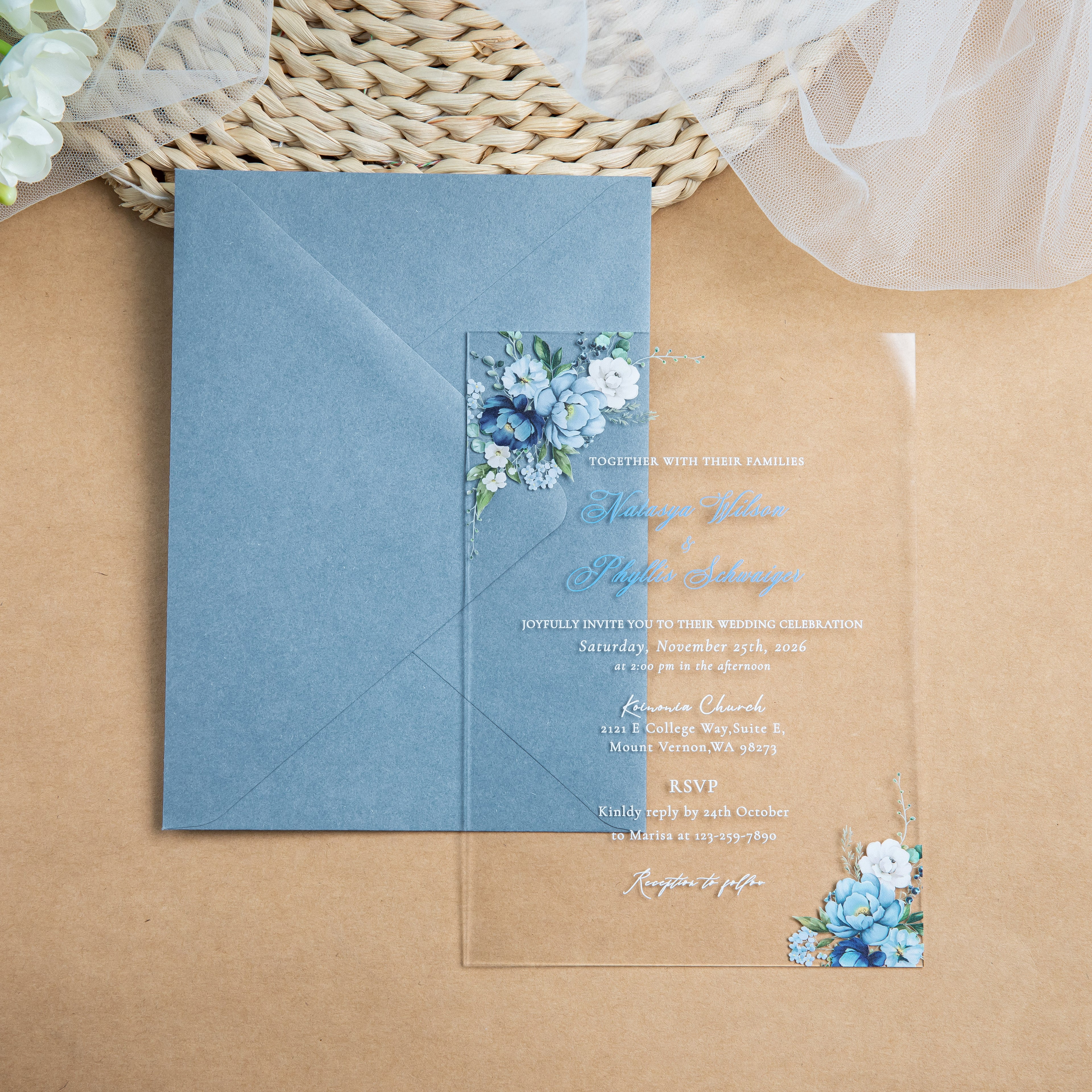PONATIA 1mm/0.04'' Clear Acrylic Floral Wedding Invitation Cards  and Dusty Blue Envelopes