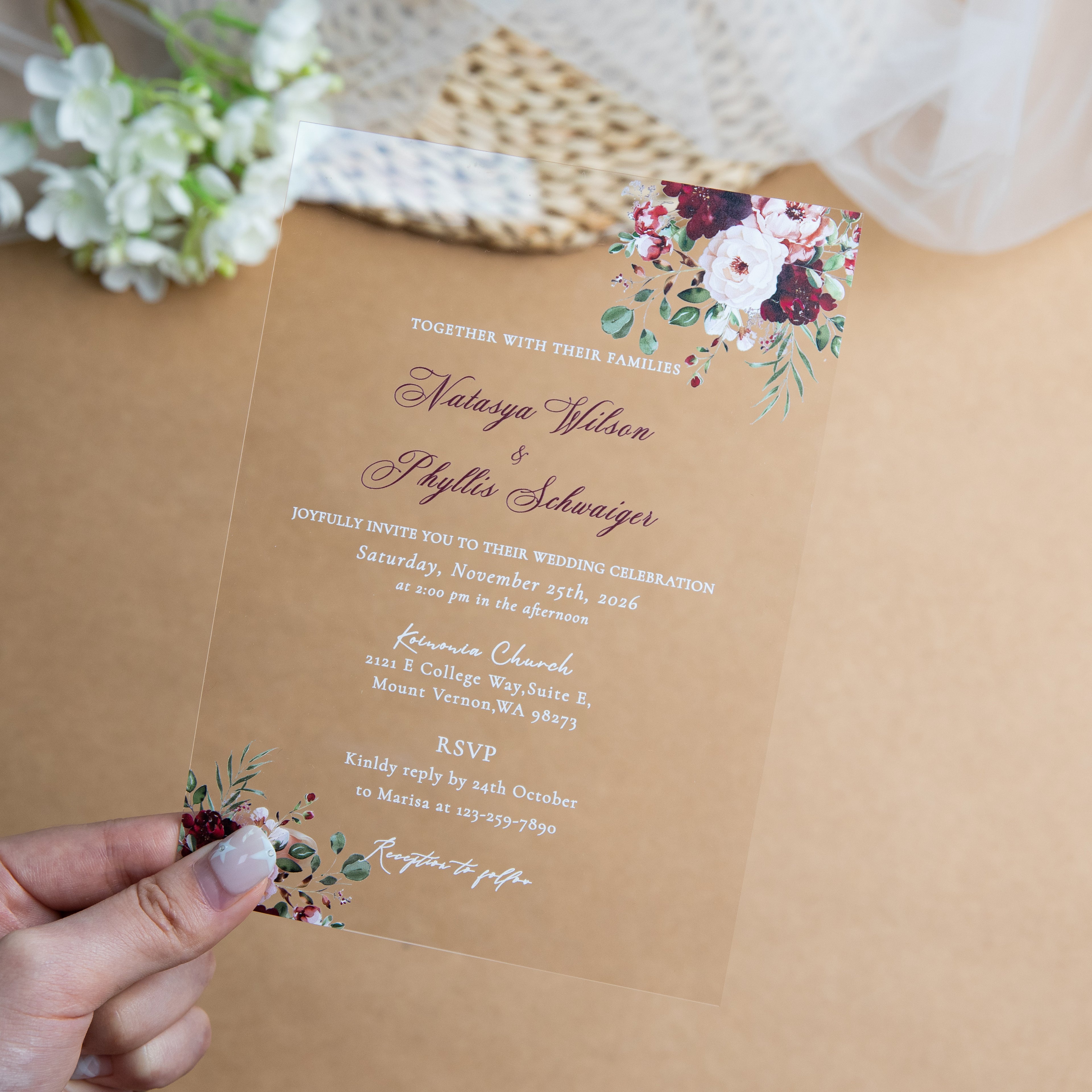 PONATIA 1mm/0.04'' Clear Acrylic Flower Wedding Invitation Cards  and Burgundy Envelopes