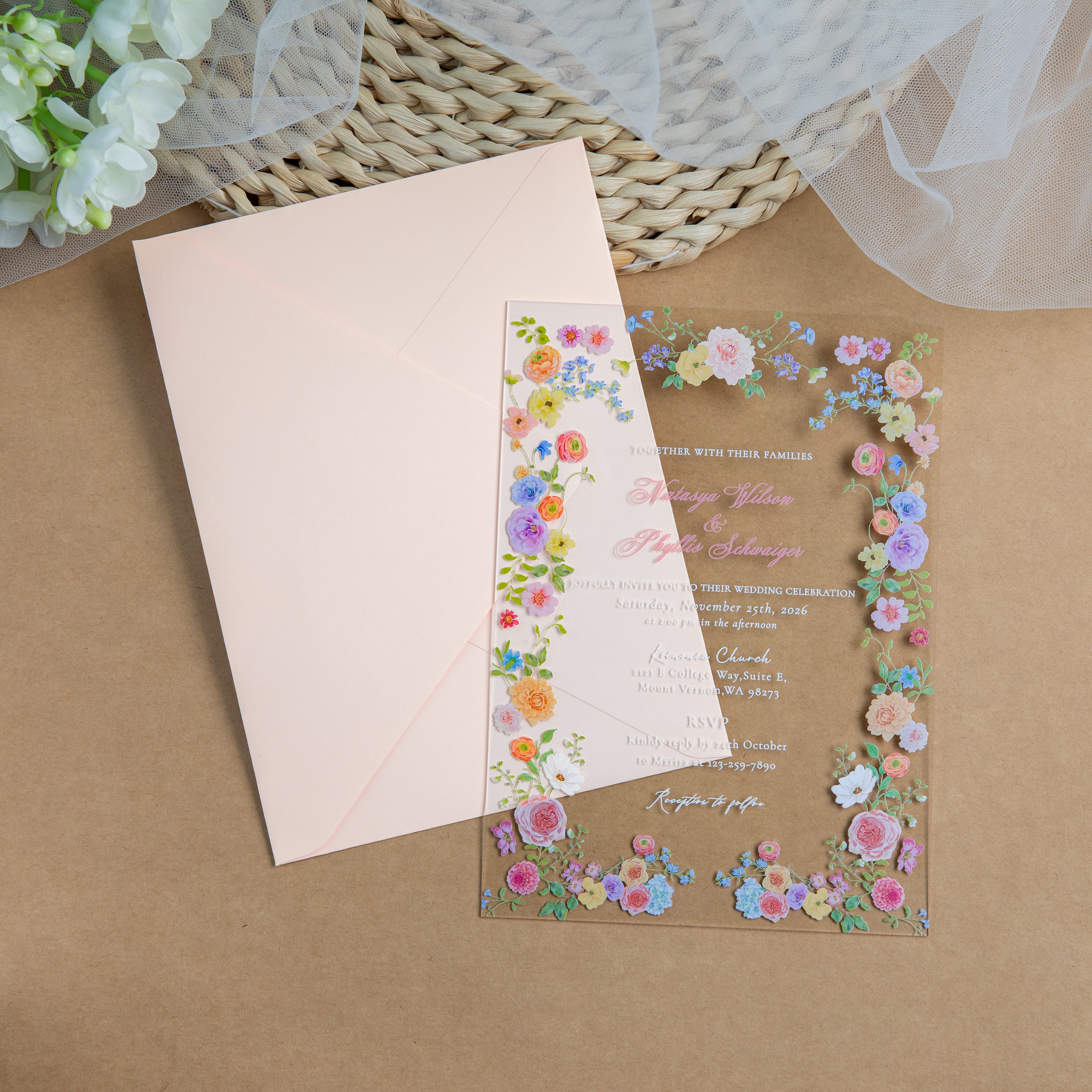PONATIA 1mm/0.04'' Clear Acrylic Floral Wedding Invitation Cards  and Light Pink Envelopes