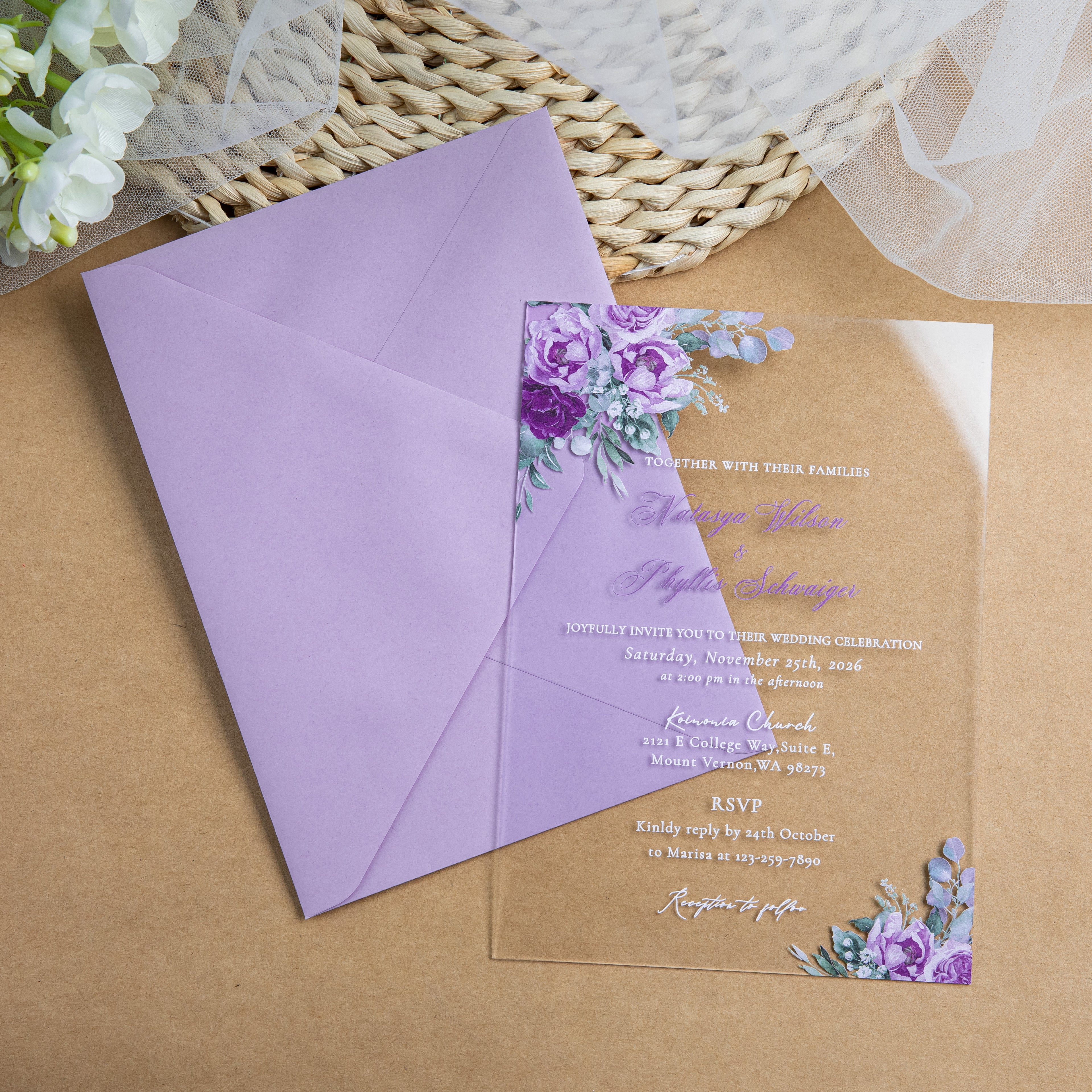 PONATIA 1mm/0.04'' Clear Acrylic Flower Wedding Invitation Cards  and Lilac Envelopes