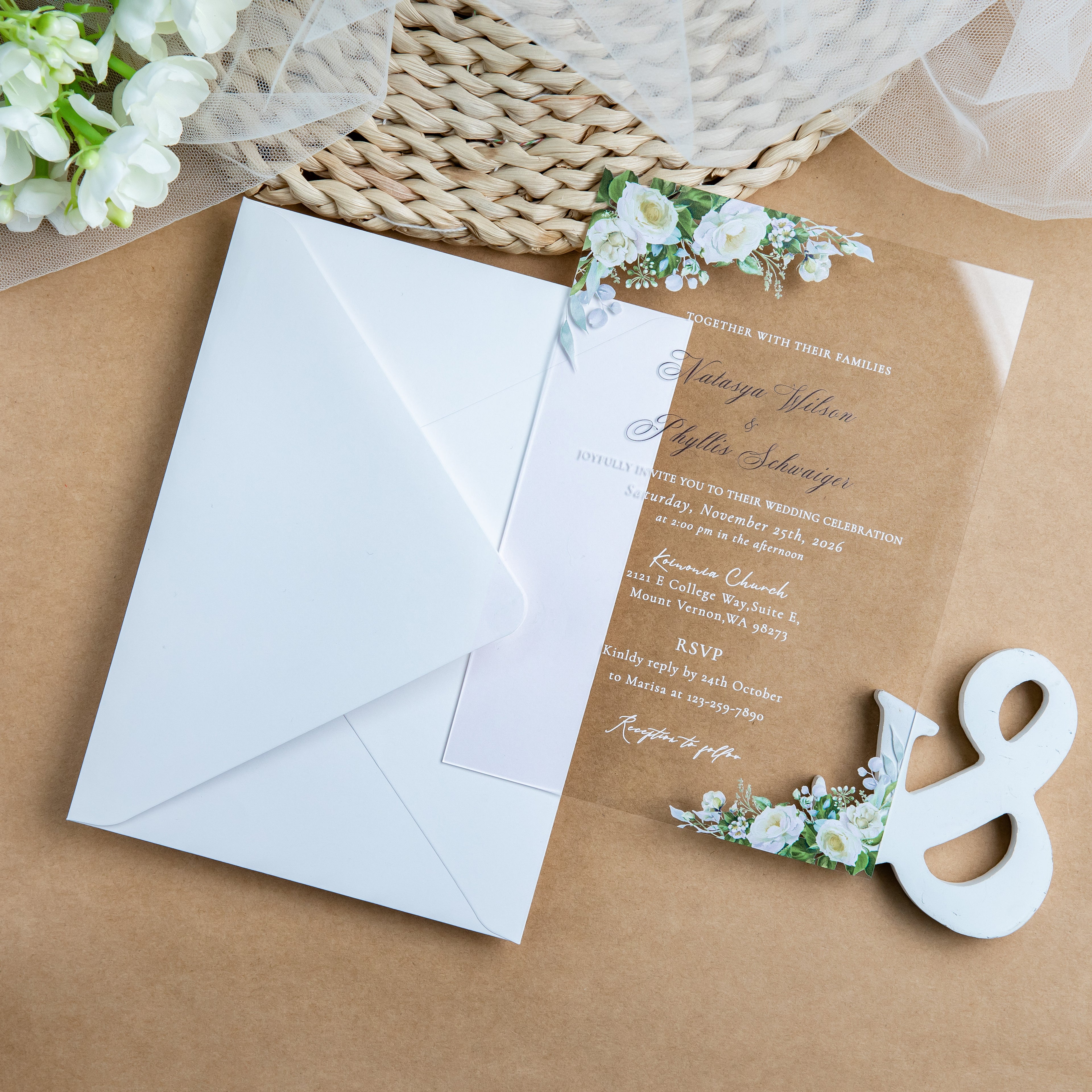 PONATIA 1mm/0.04'' Clear Acrylic White Flower Wedding Invitation Cards  and Ivory Envelopes
