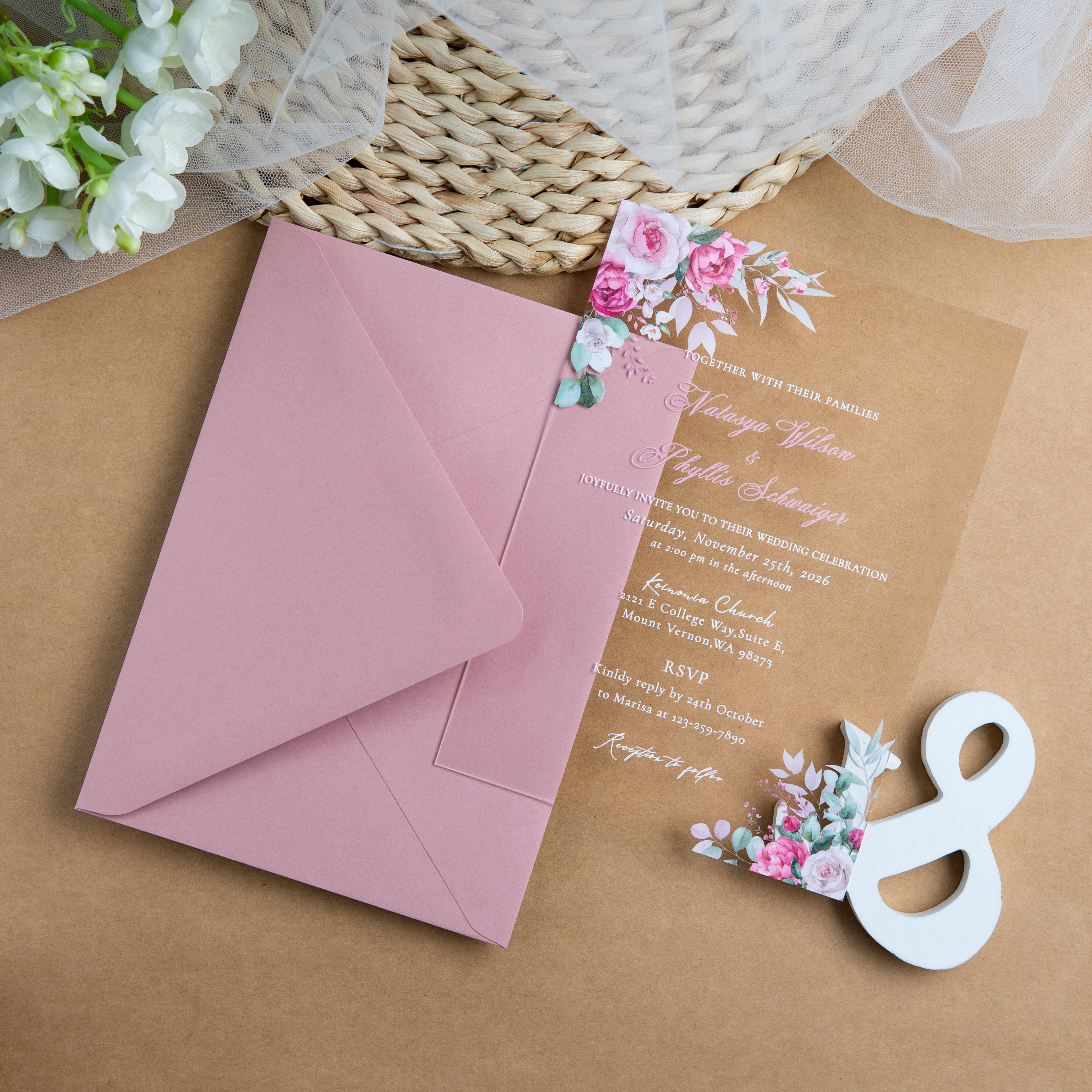 PONATIA 1mm/0.04'' Clear Acrylic Flower Wedding Invitation Cards  and Dusty Rose Envelopes