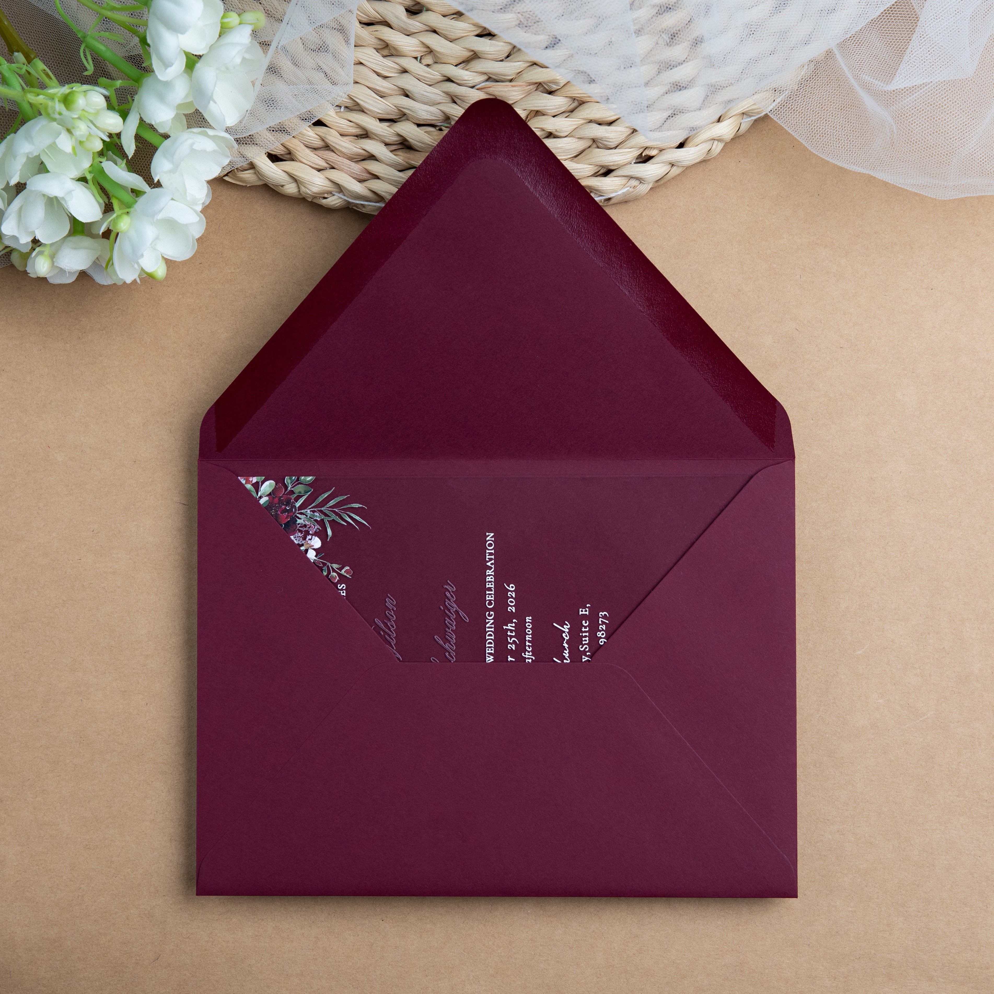PONATIA 1mm/0.04'' Clear Acrylic Flower Wedding Invitation Cards  and Burgundy Envelopes