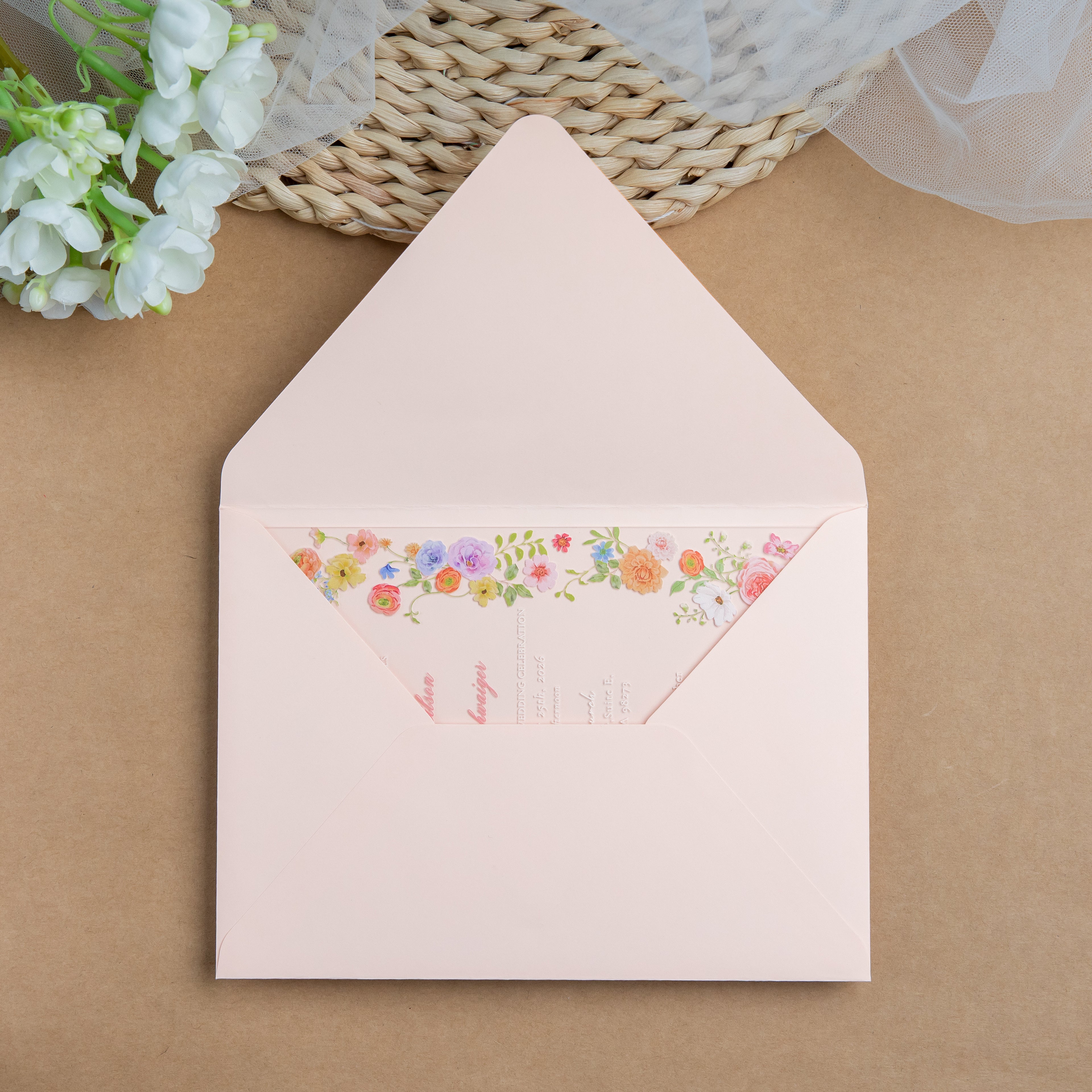 PONATIA 1mm/0.04'' Clear Acrylic Floral Wedding Invitation Cards  and Light Pink Envelopes