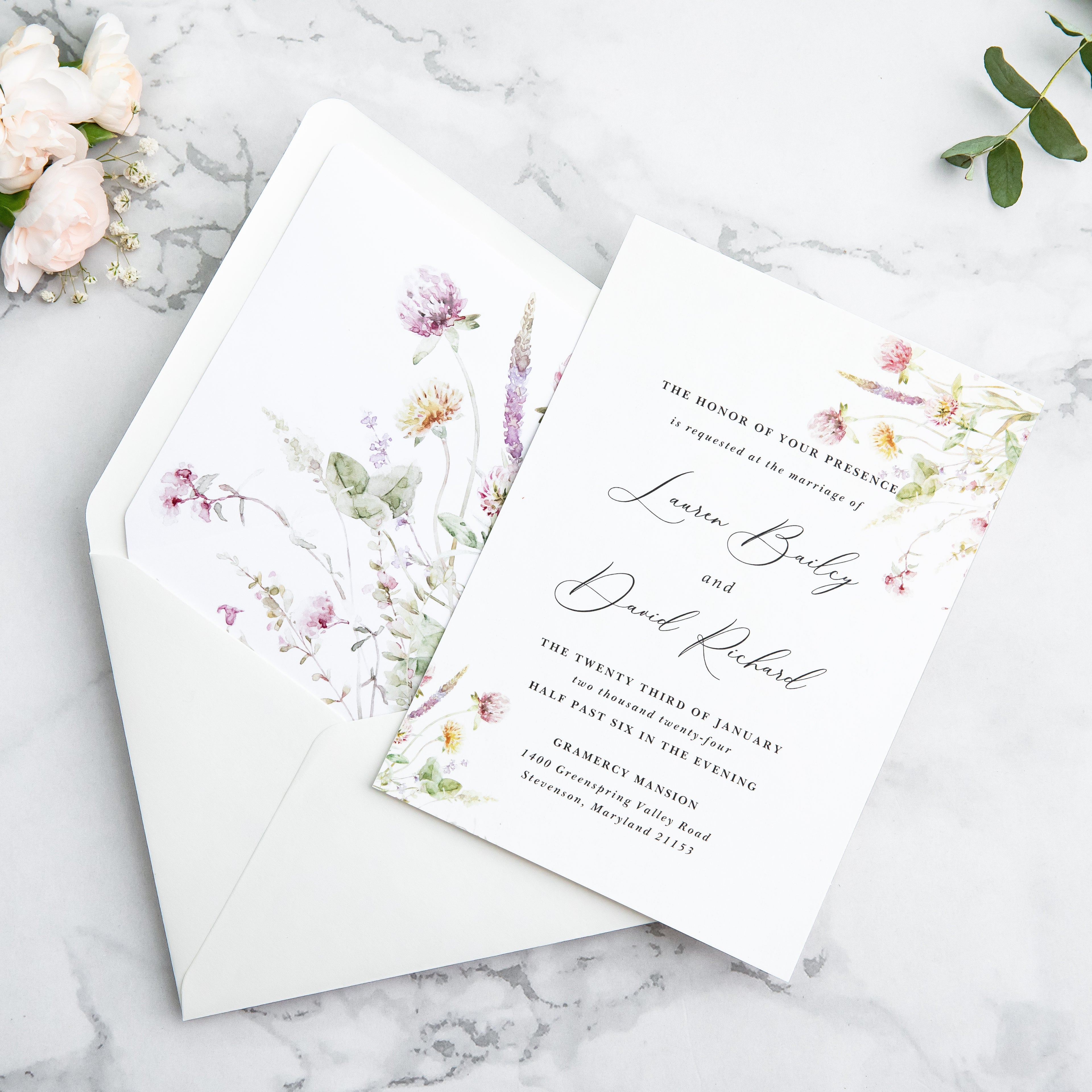 PONATIA 50 Pieces Ivory & Wild Flower Liner Euro Flap Envelopes for  Wedding Invitation Card